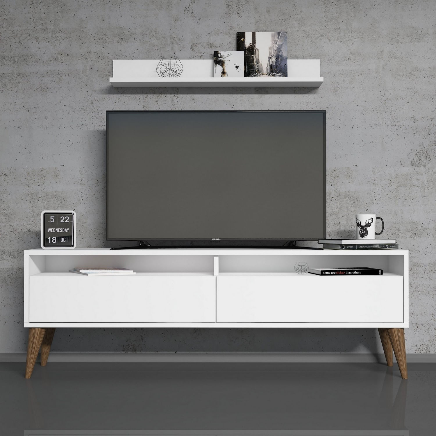 Unitate tv, Hanah Home, pal melaminat, alb, 150x30x50 cm — imaginea 5