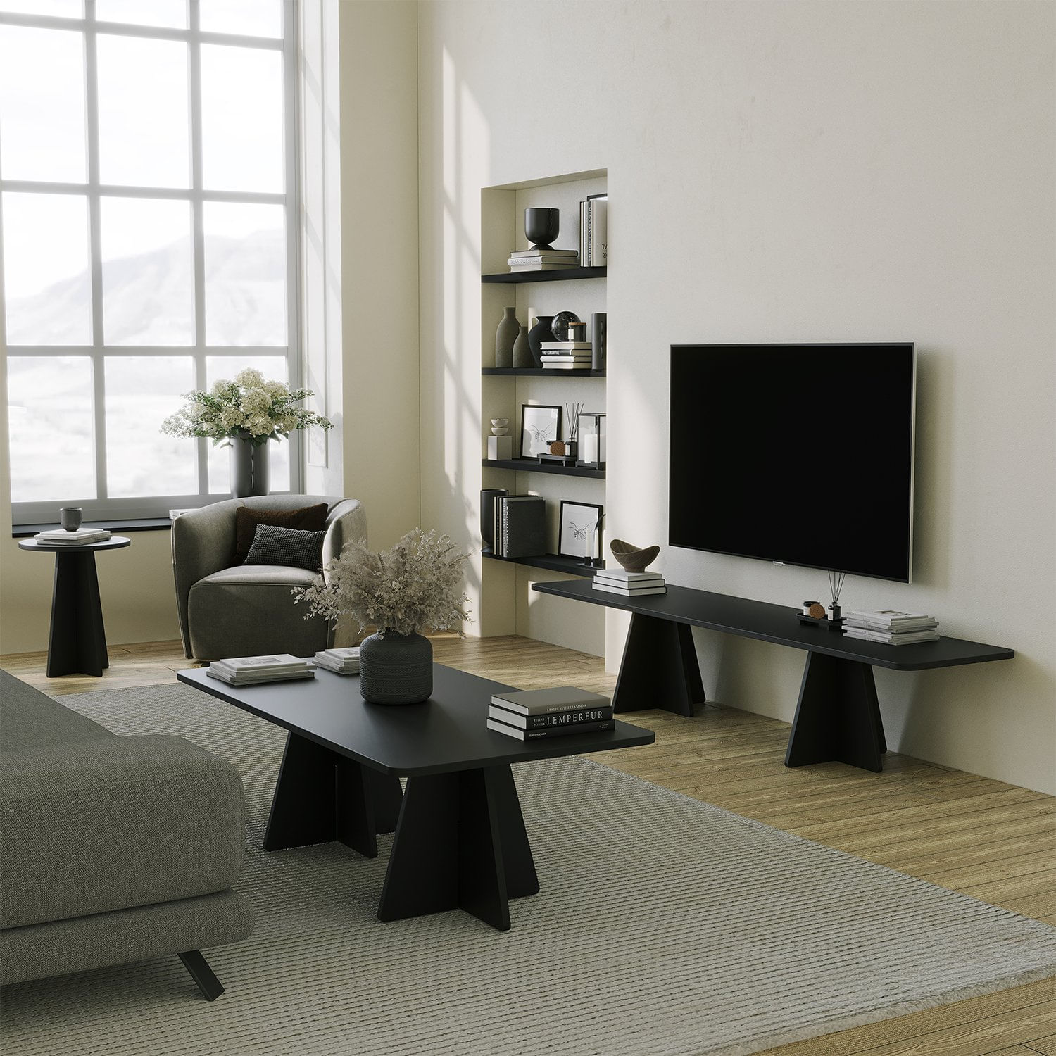 Comoda tv, Hanah Home, pal melaminat, negru, 180x40x42 cm — imaginea 4