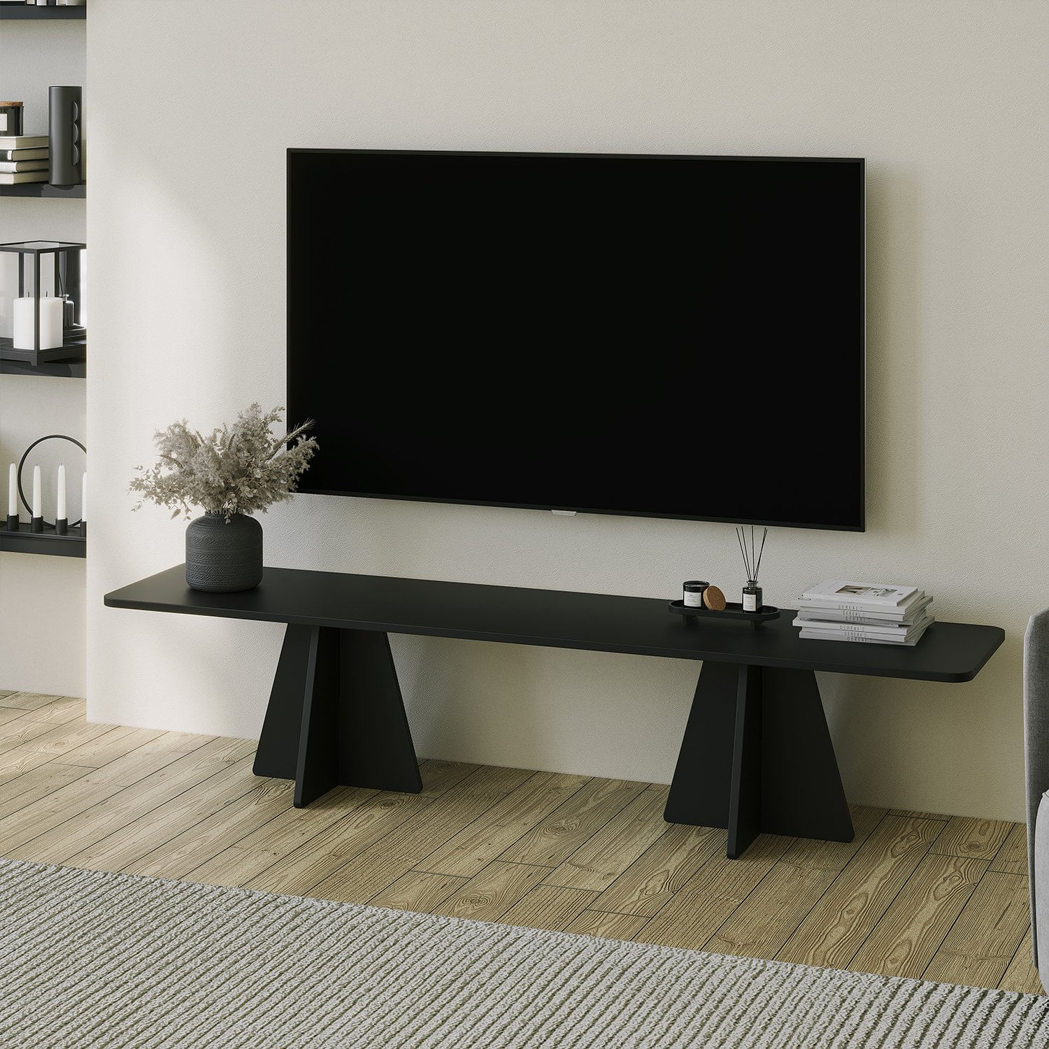 Comoda tv, Hanah Home, pal melaminat, negru, 180x40x42 cm — imaginea 6