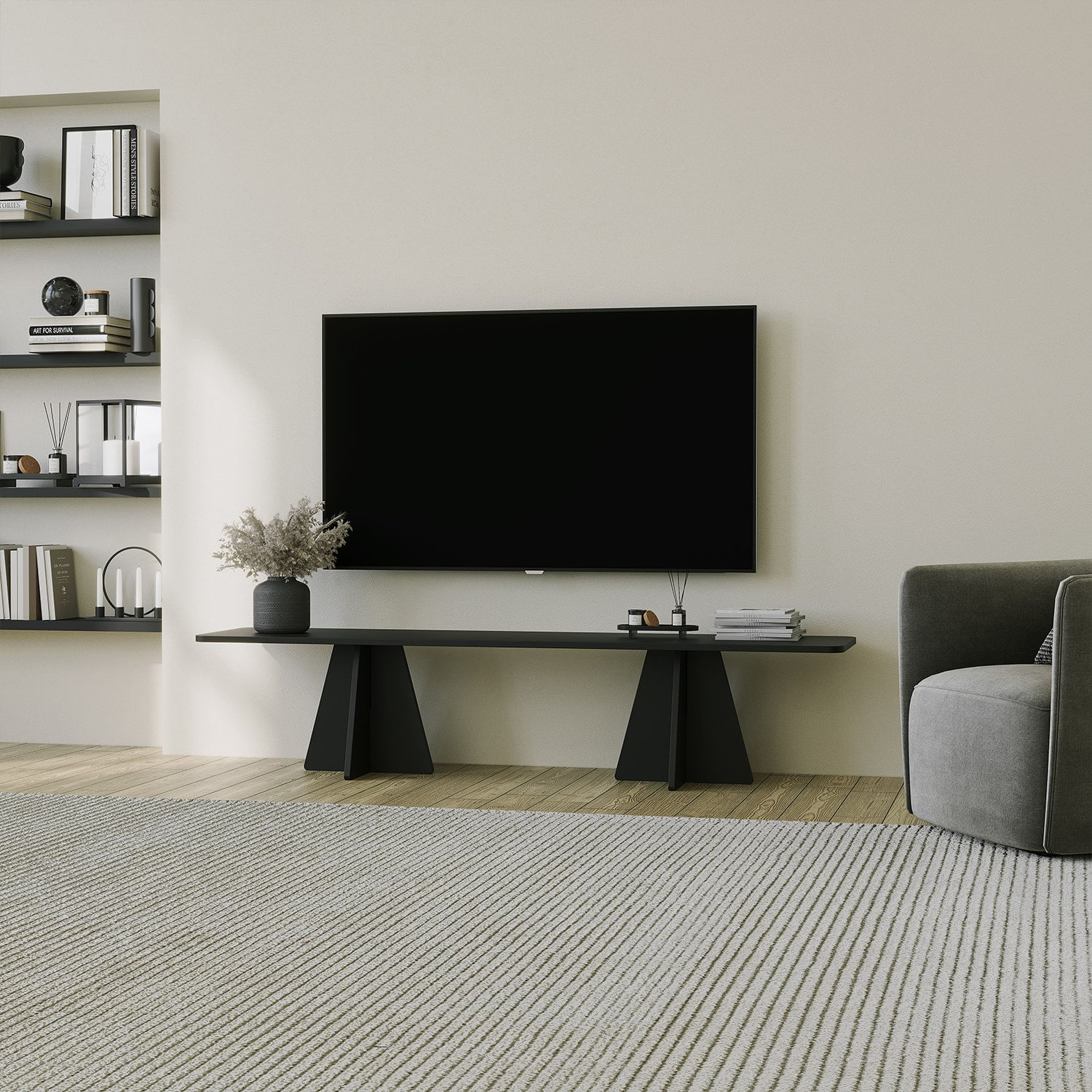 Comoda tv, Hanah Home, pal melaminat, negru, 180x40x42 cm — imaginea 7