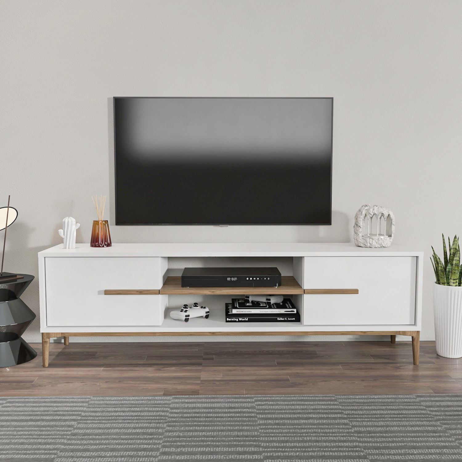 Suport tv, Hanah Home, pal melaminat, alb si nuc, 120x43.6x29.6 cm — imaginea 2