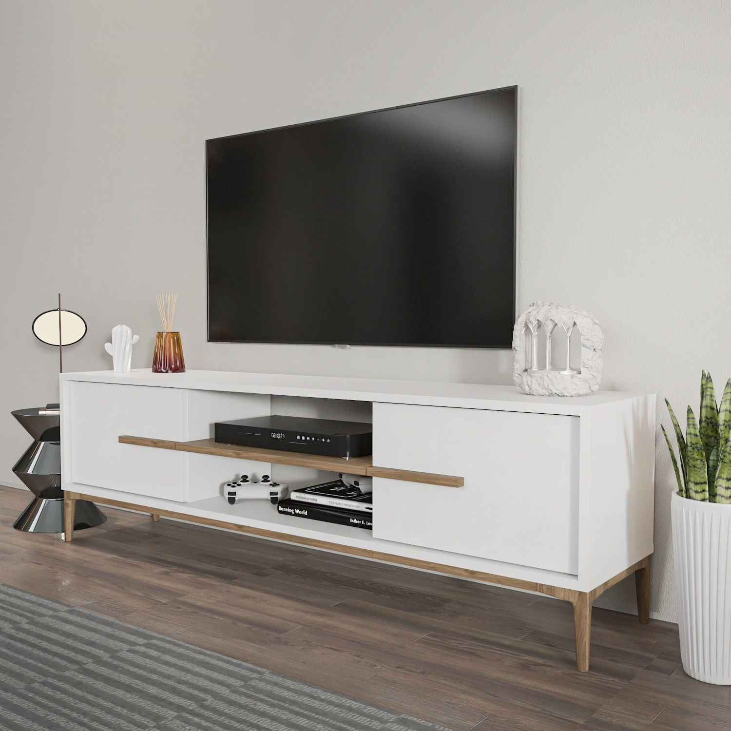 Suport tv, Hanah Home, pal melaminat, alb si nuc, 120x43.6x29.6 cm — imaginea 3