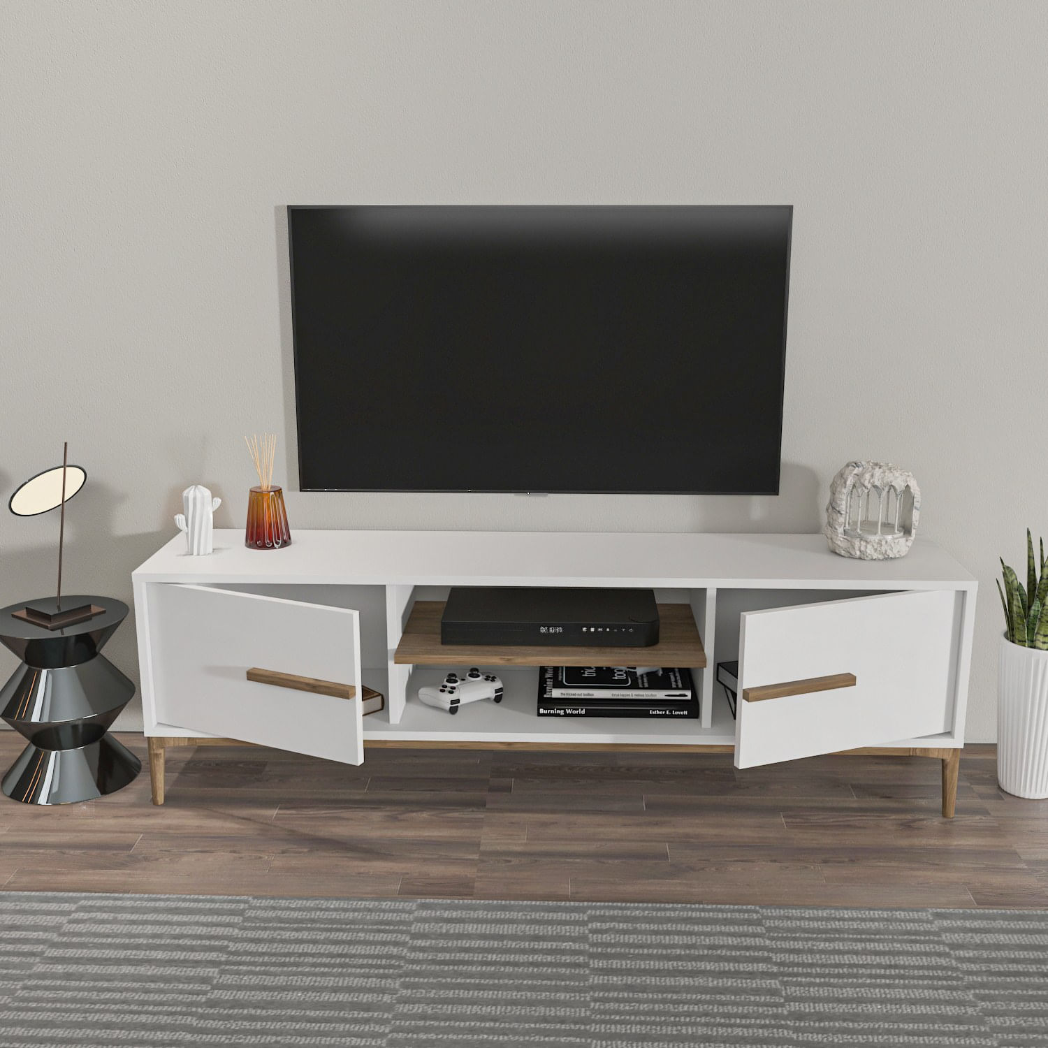 Suport tv, Hanah Home, pal melaminat, alb si nuc, 120x43.6x29.6 cm — imaginea 4