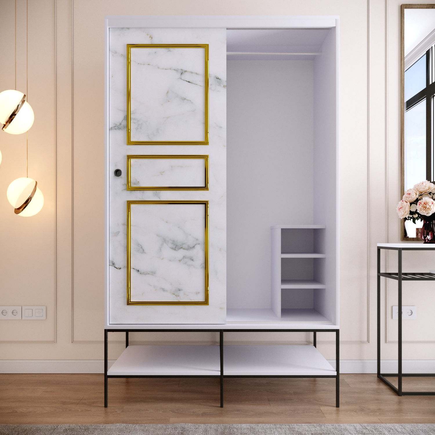 Sifonier, Hanah Home, pal melaminat, alb negru auriu, 120x57x200 cm — imaginea 9