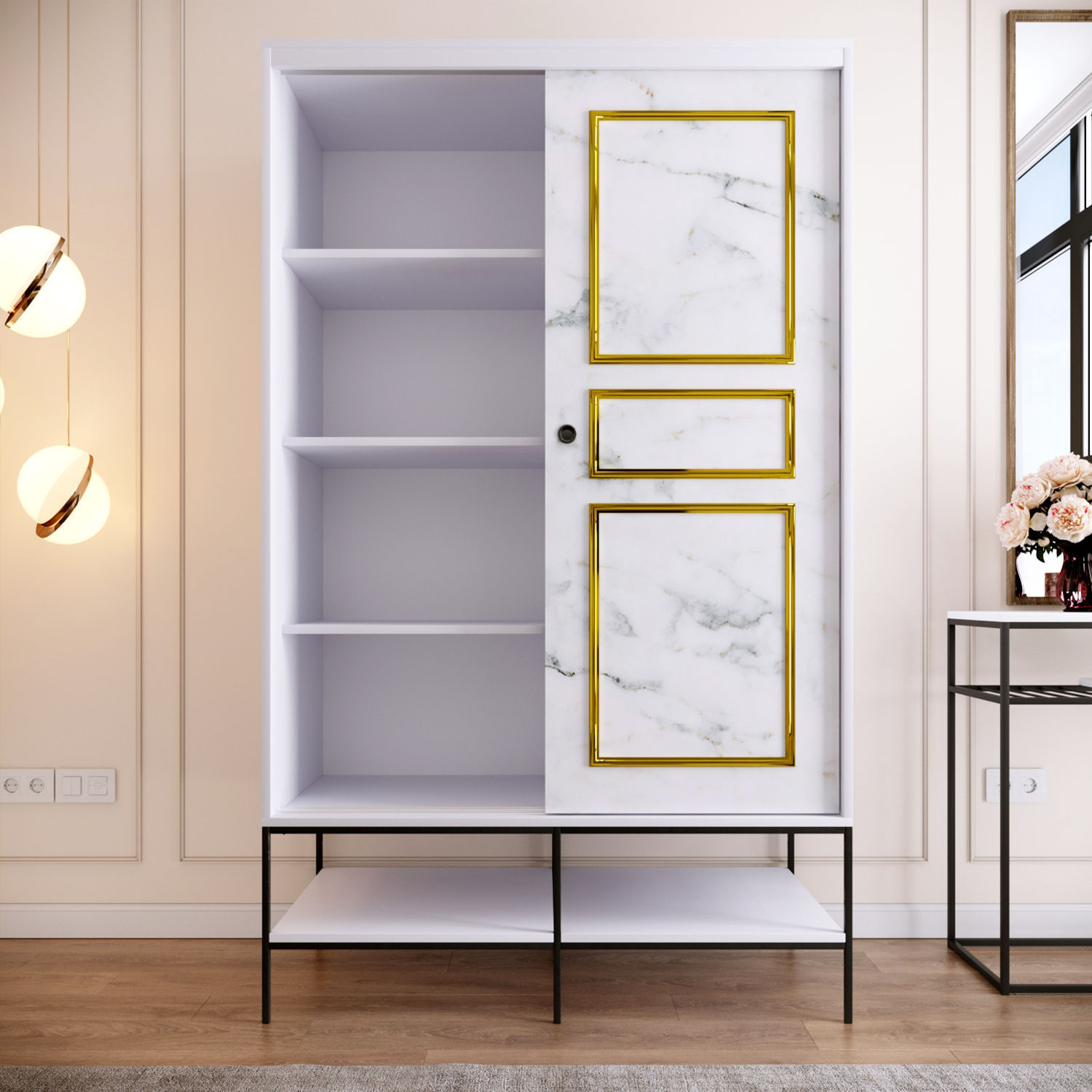 Sifonier, Hanah Home, pal melaminat, alb negru auriu, 120x57x200 cm — imaginea 10
