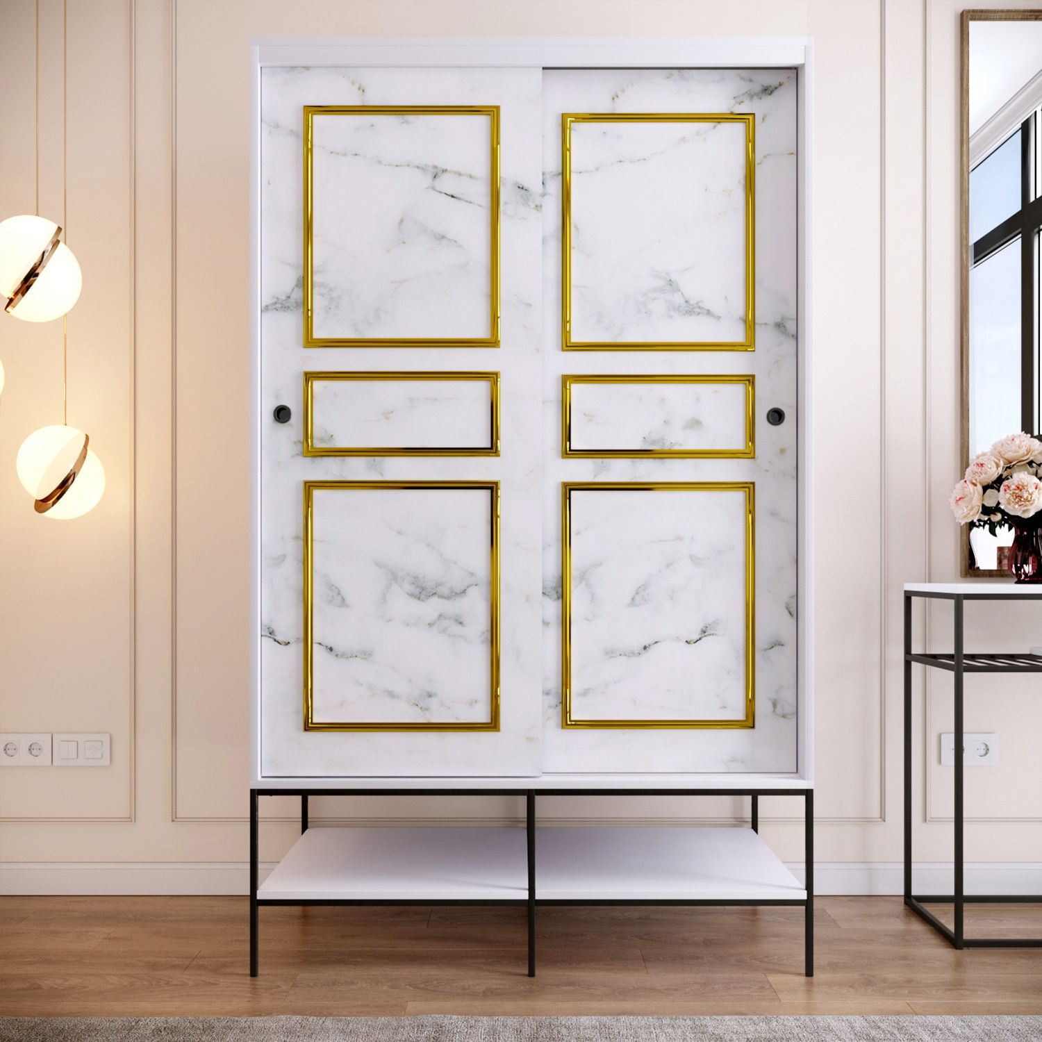 Sifonier, Hanah Home, pal melaminat, alb negru auriu, 120x57x200 cm — imaginea 11