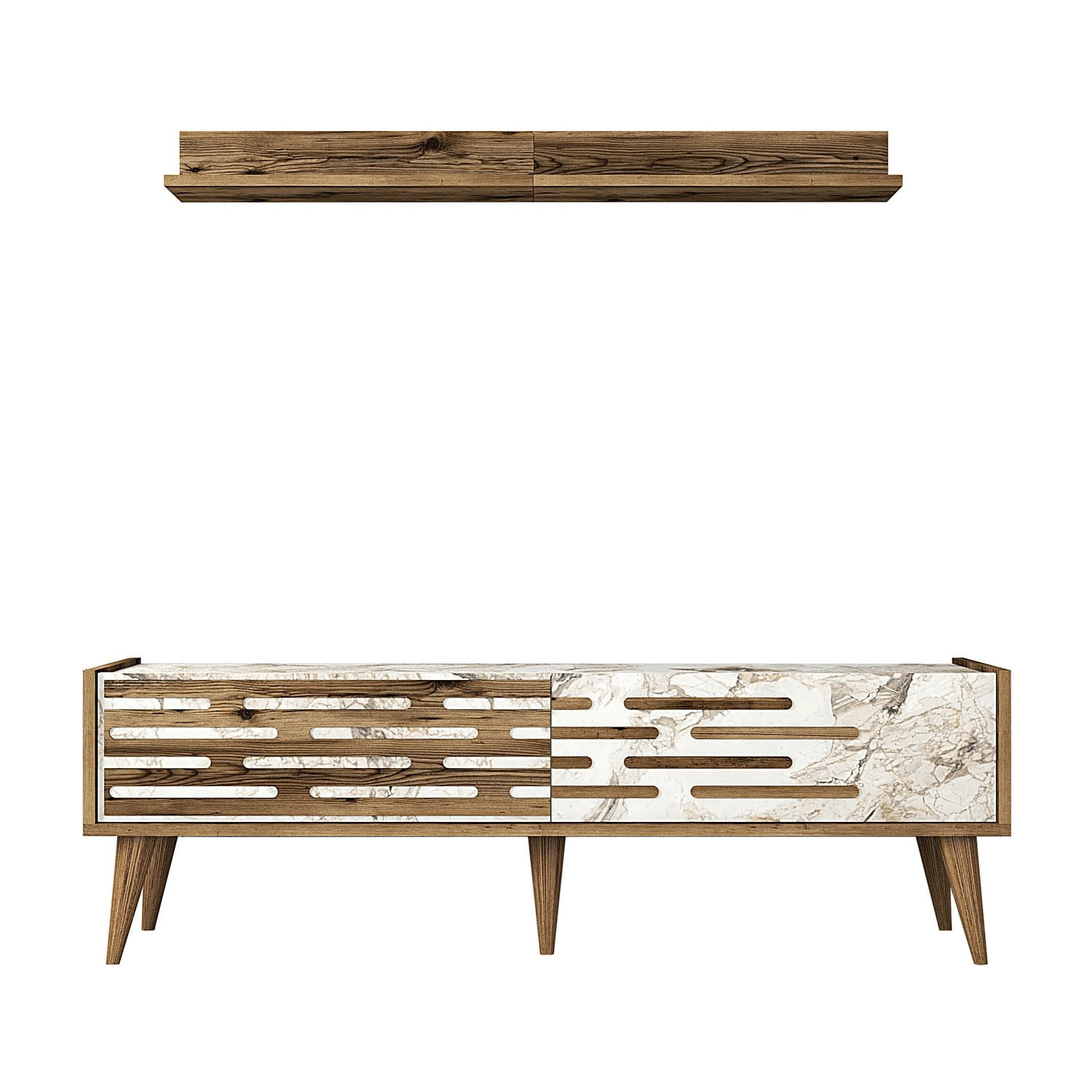 Comoda tv, Hanah Home, panou de particule melaminat, nuc, alb, marmura, 140x35x45 cm — imaginea 2