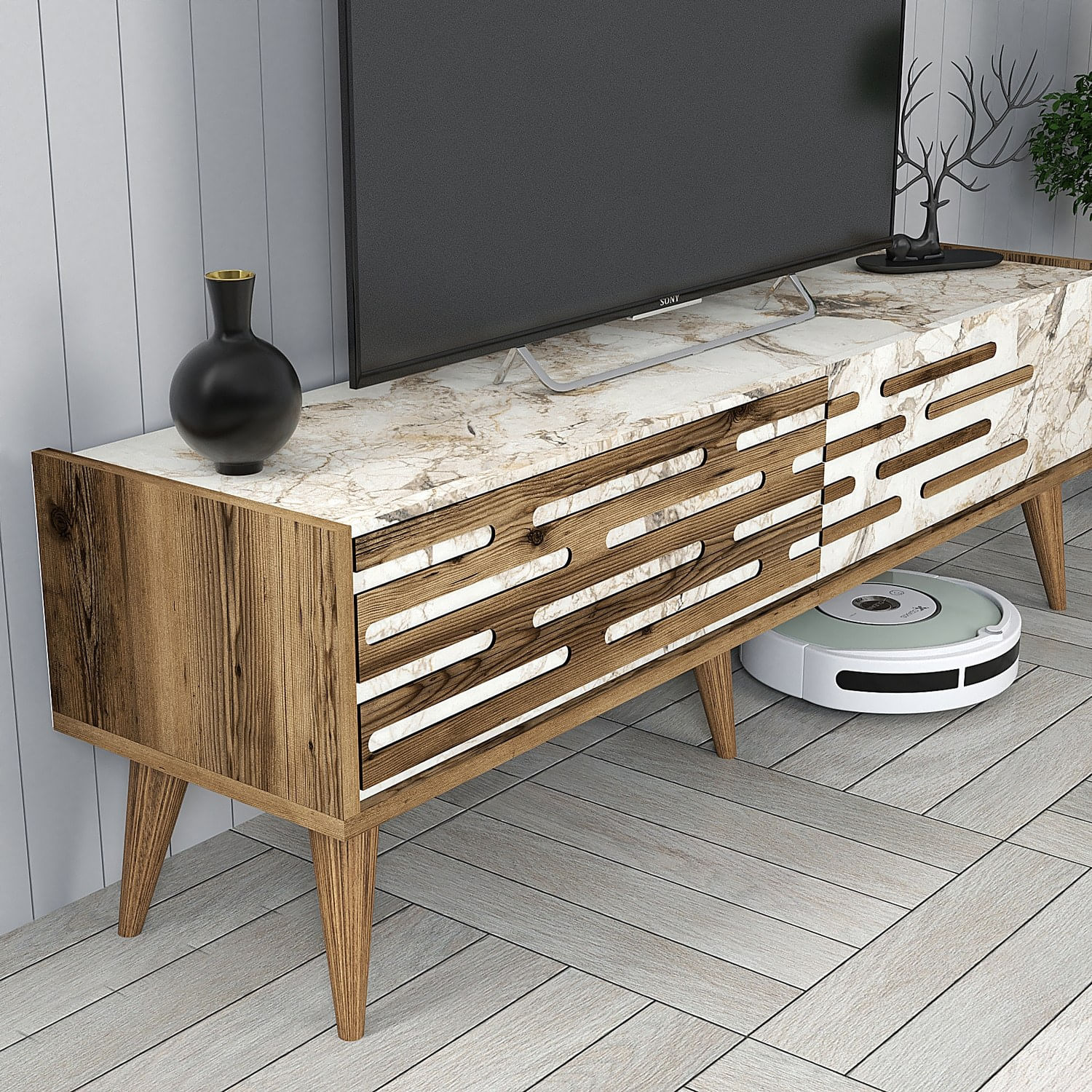 Comoda tv, Hanah Home, panou de particule melaminat, nuc, alb, marmura, 140x35x45 cm — imaginea 3