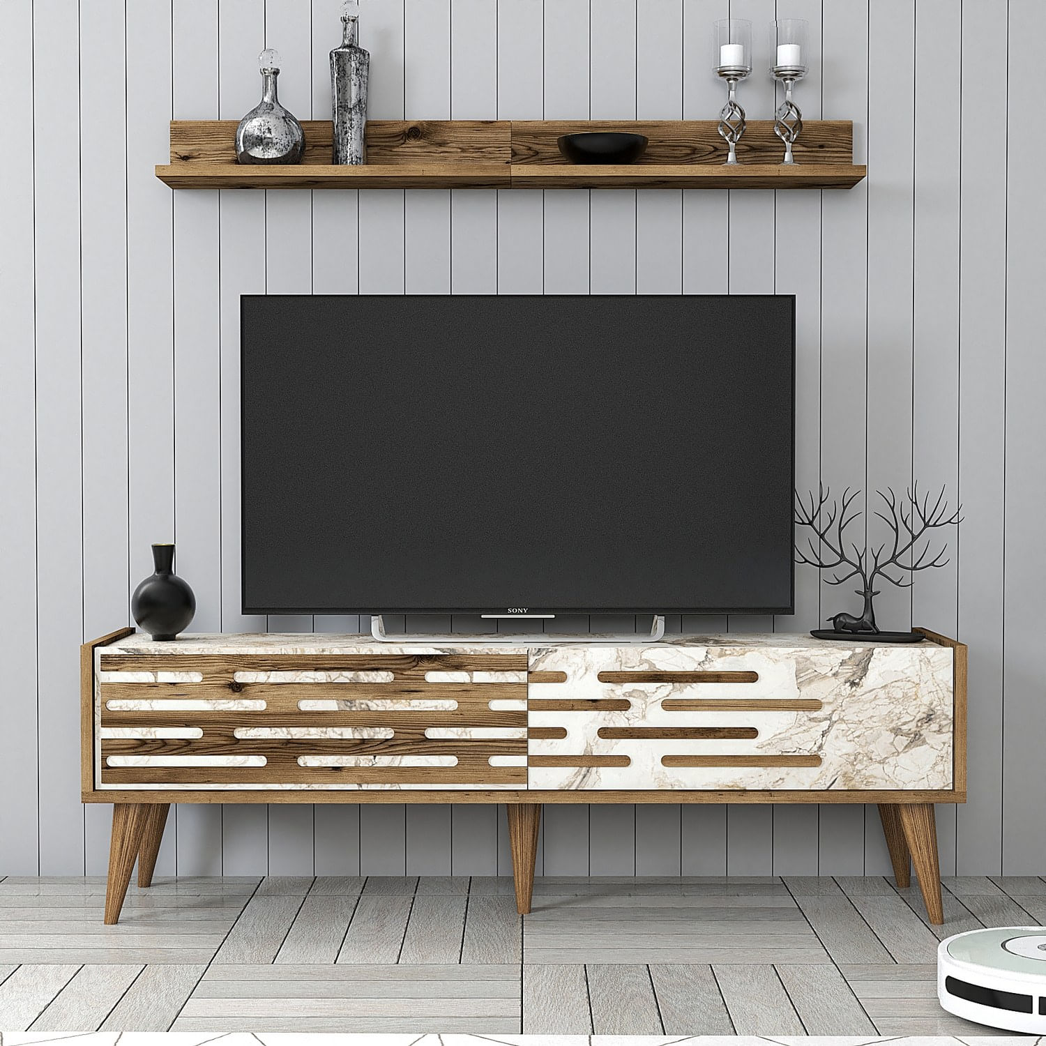 Comoda tv, Hanah Home, panou de particule melaminat, nuc, alb, marmura, 140x35x45 cm — imaginea 4