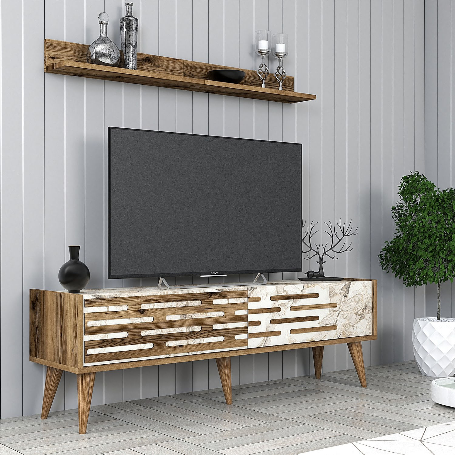 Comoda tv, Hanah Home, panou de particule melaminat, nuc, alb, marmura, 140x35x45 cm — imaginea 5