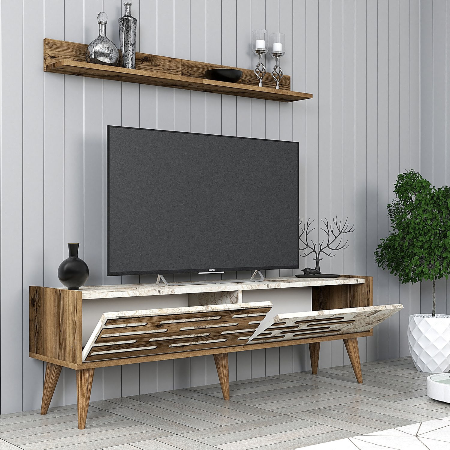 Comoda tv, Hanah Home, panou de particule melaminat, nuc, alb, marmura, 140x35x45 cm — imaginea 6