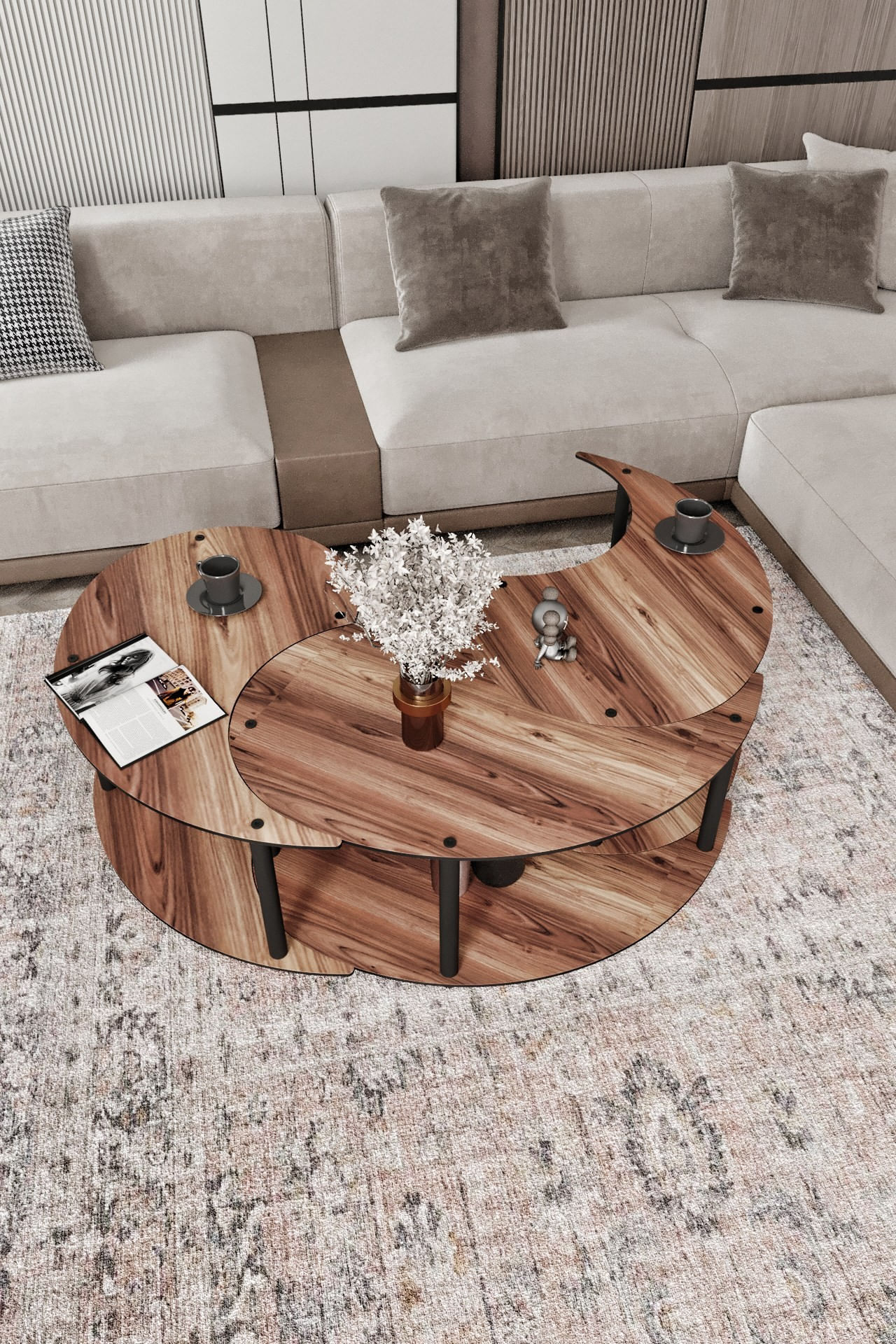 Set masute living, Hanah Home, mdf, nuc, 3 piese, diametru 70 cm, inaltime 38 cm