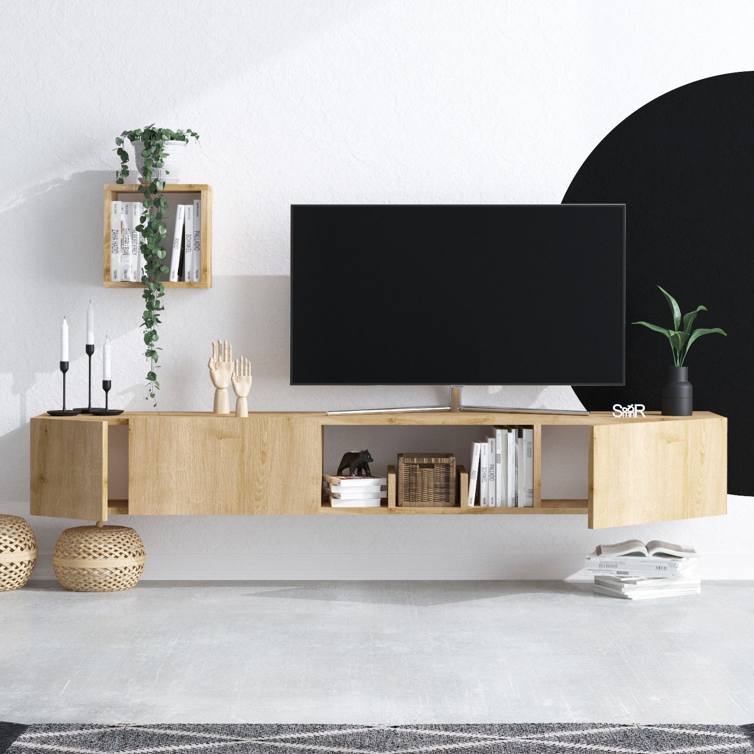 Unitate tv, Hanah Home, pal melaminat, stejar safir, 180x25x32 cm — imaginea 6
