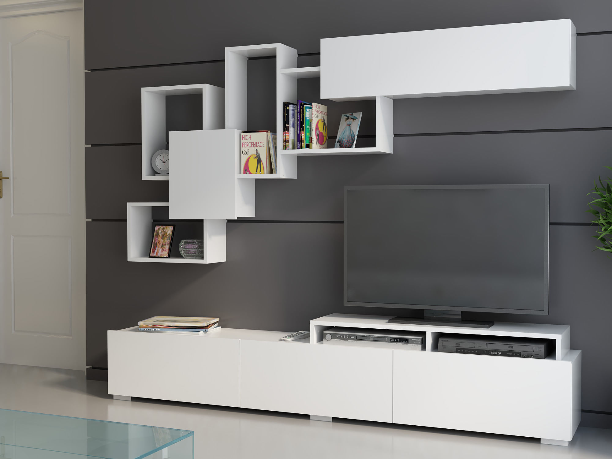 Unitate tv, Hanah Home, pal melaminat, alb, 210x35x30 cm — imaginea 3
