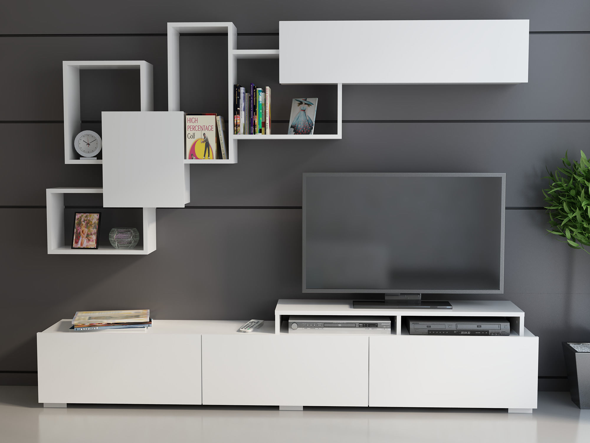 Unitate tv, Hanah Home, pal melaminat, alb, 210x35x30 cm — imaginea 4