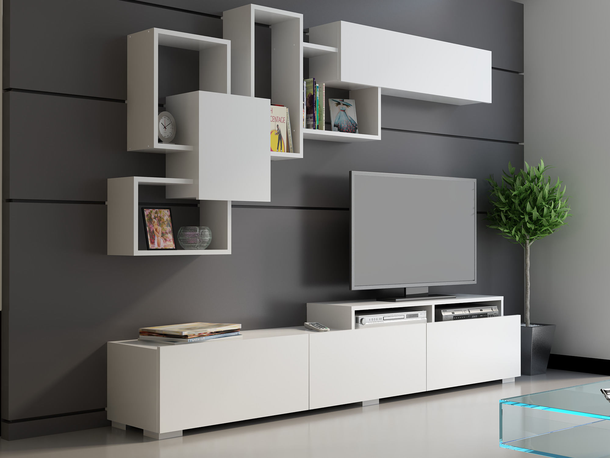 Unitate tv, Hanah Home, pal melaminat, alb, 210x35x30 cm — imaginea 5