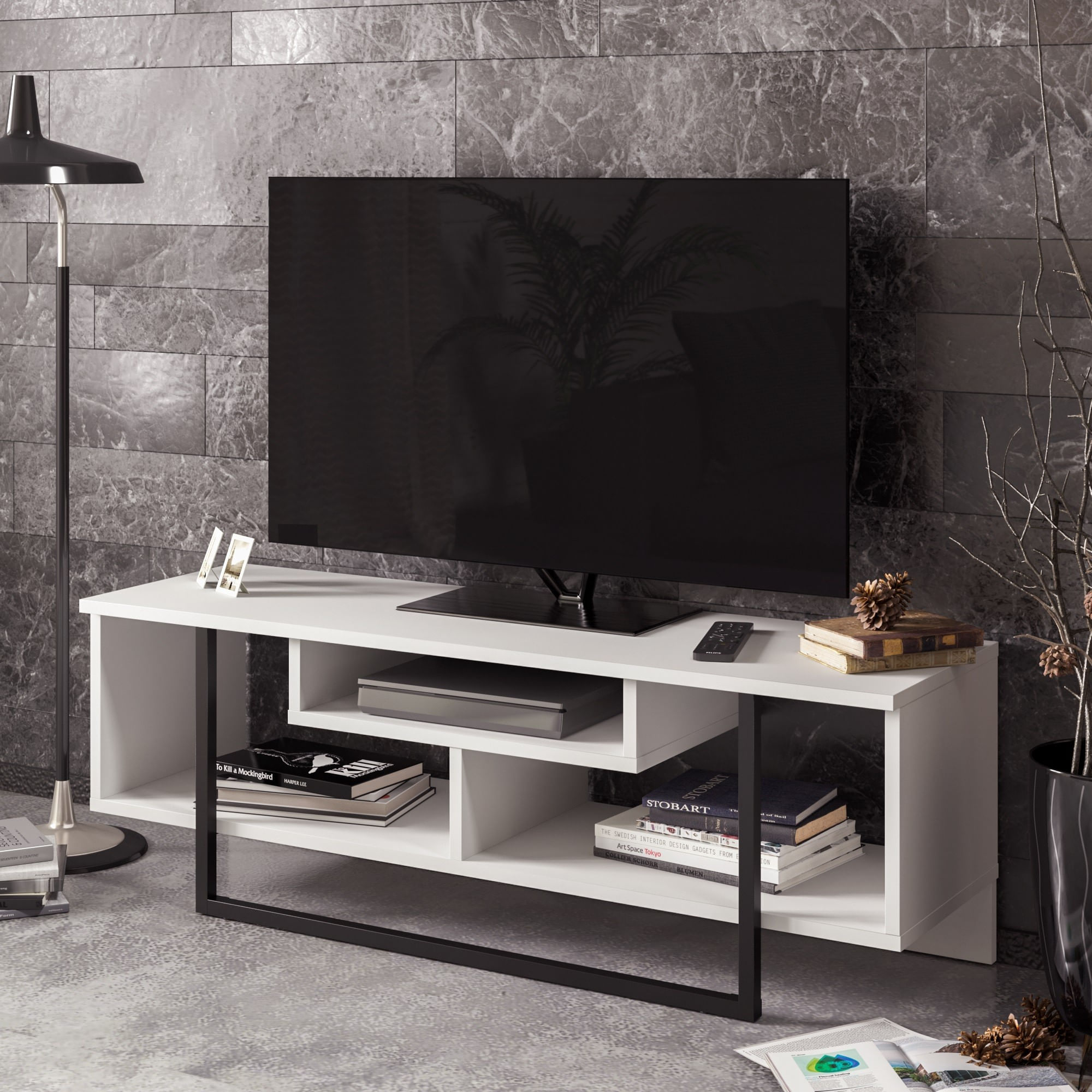 Suport tv, Hanah Home, pal melaminat, alb negru, 119.4x35.2x40.2 cm — imaginea 3