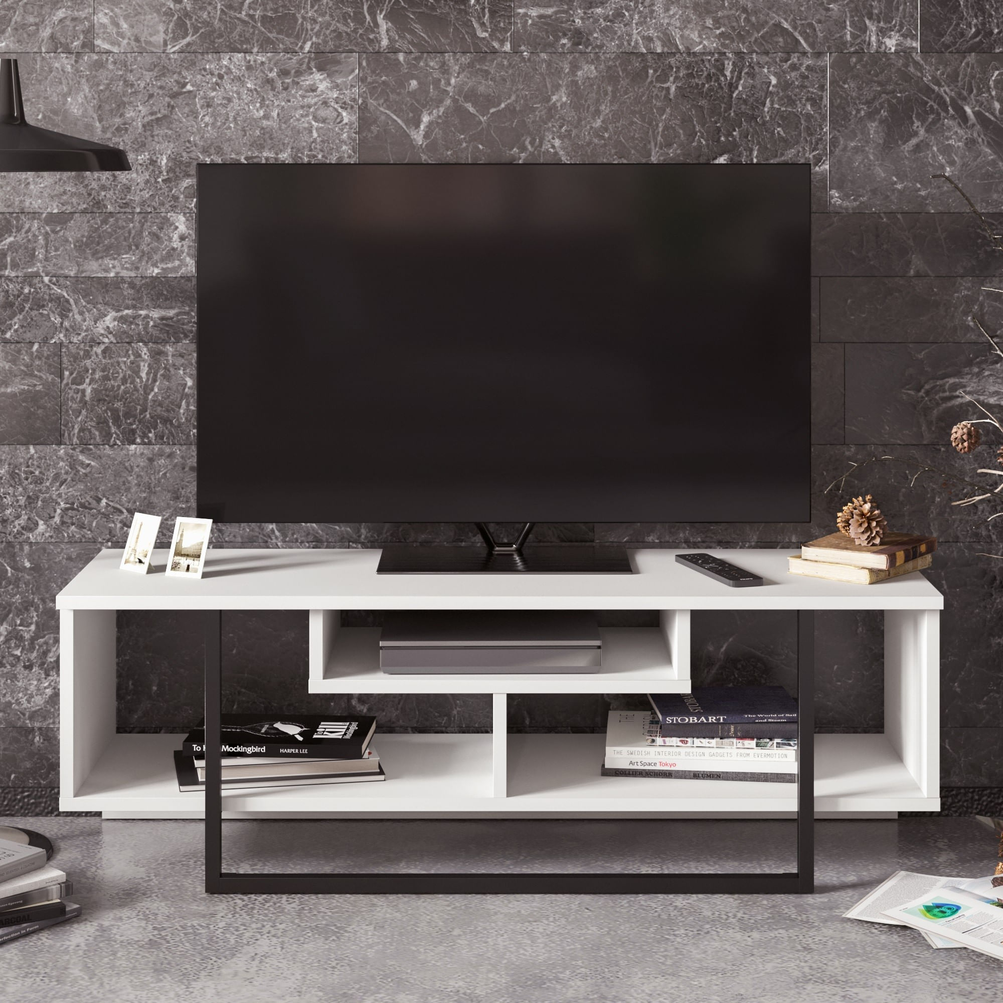 Suport tv, Hanah Home, pal melaminat, alb negru, 119.4x35.2x40.2 cm — imaginea 4