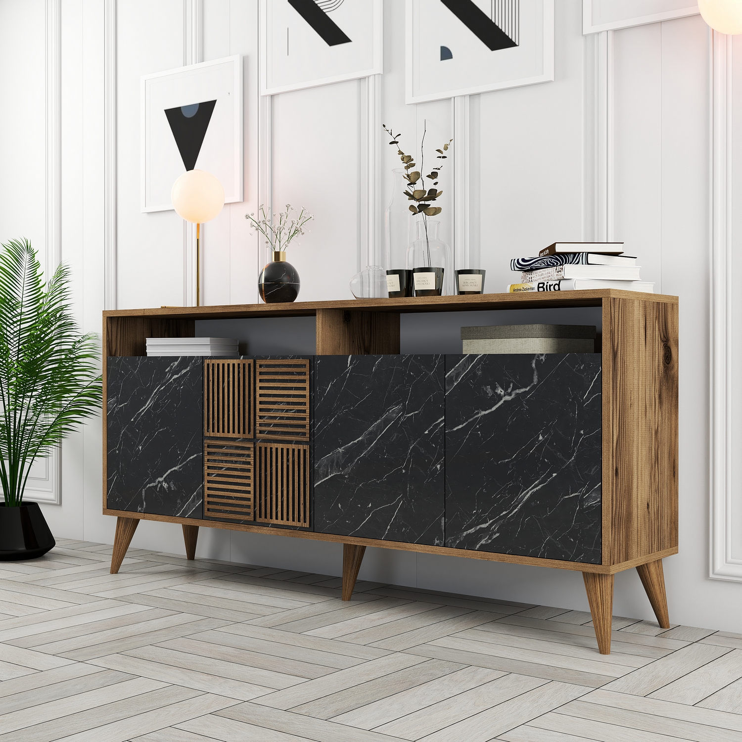 Consola, Hanah Home, panou aglomerat melaminat, nuc si marmura neagra, 160x35x78 cm — imaginea 2