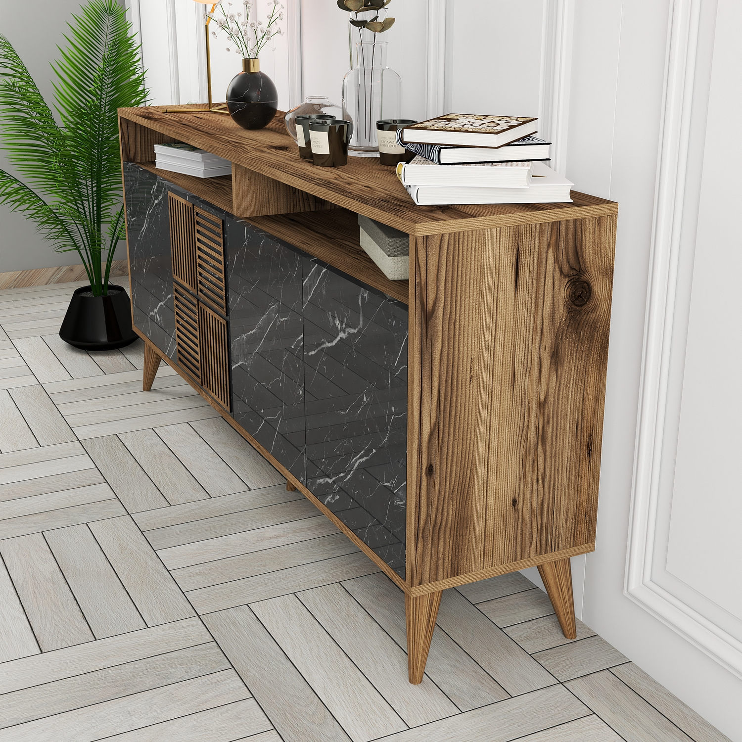 Consola, Hanah Home, panou aglomerat melaminat, nuc si marmura neagra, 160x35x78 cm — imaginea 3