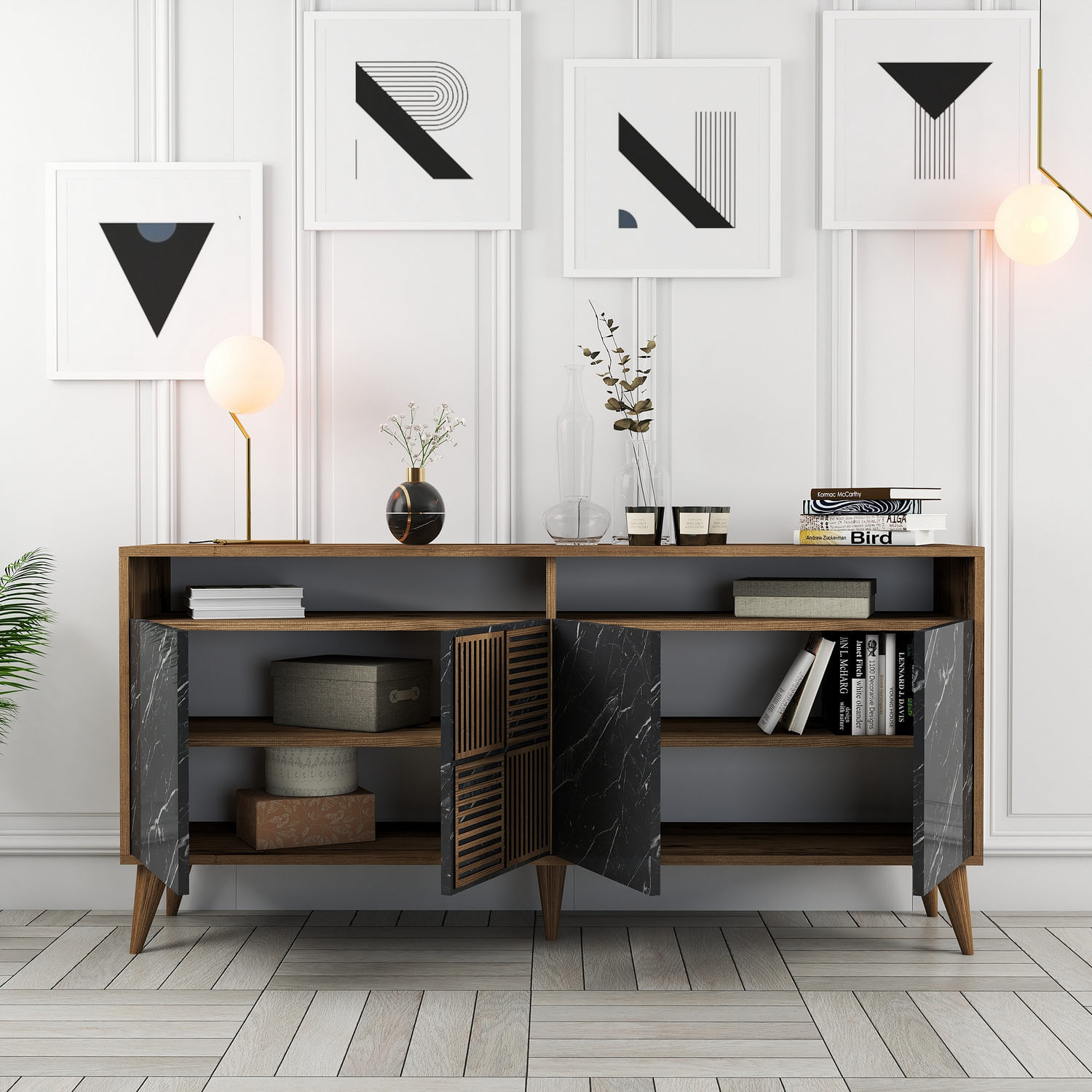 Consola, Hanah Home, panou aglomerat melaminat, nuc si marmura neagra, 160x35x78 cm — imaginea 4