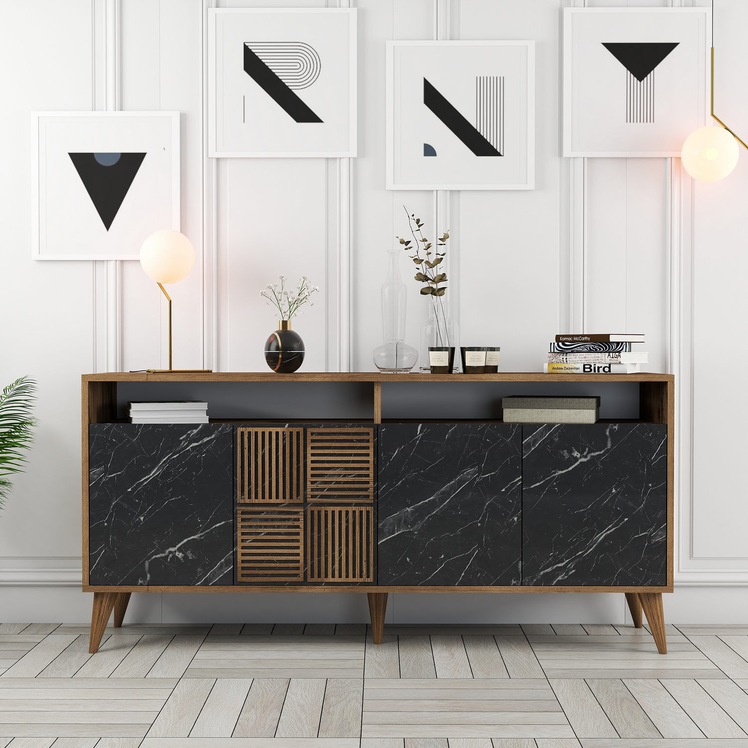 Consola, Hanah Home, panou aglomerat melaminat, nuc si marmura neagra, 160x35x78 cm — imaginea 5