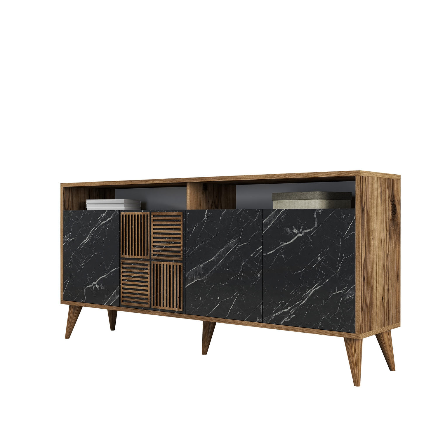 Consola, Hanah Home, panou aglomerat melaminat, nuc si marmura neagra, 160x35x78 cm — imaginea 6
