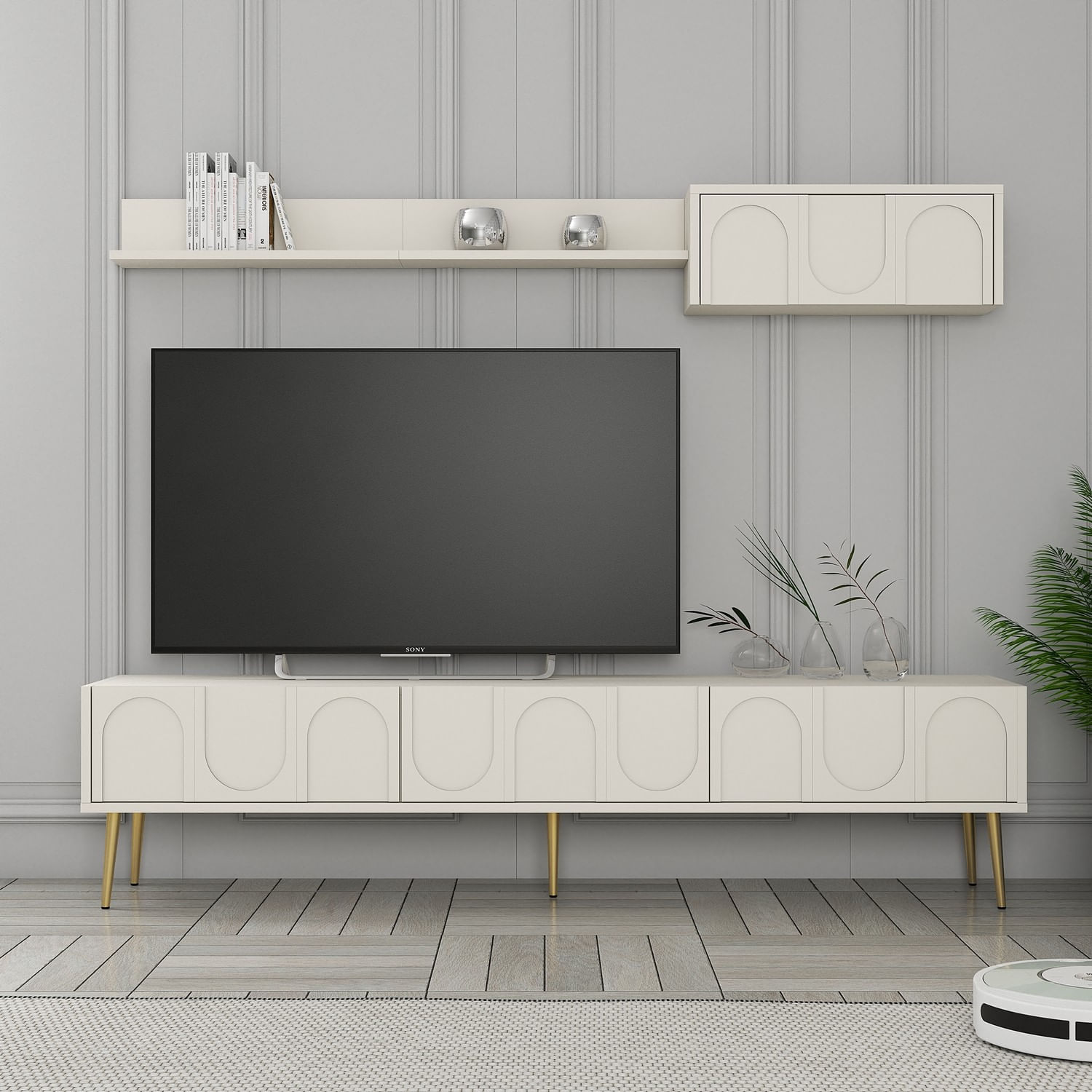 Comoda tv, Hanah Home, pal melaminat, crem auriu, 180x43x35 cm — imaginea 2