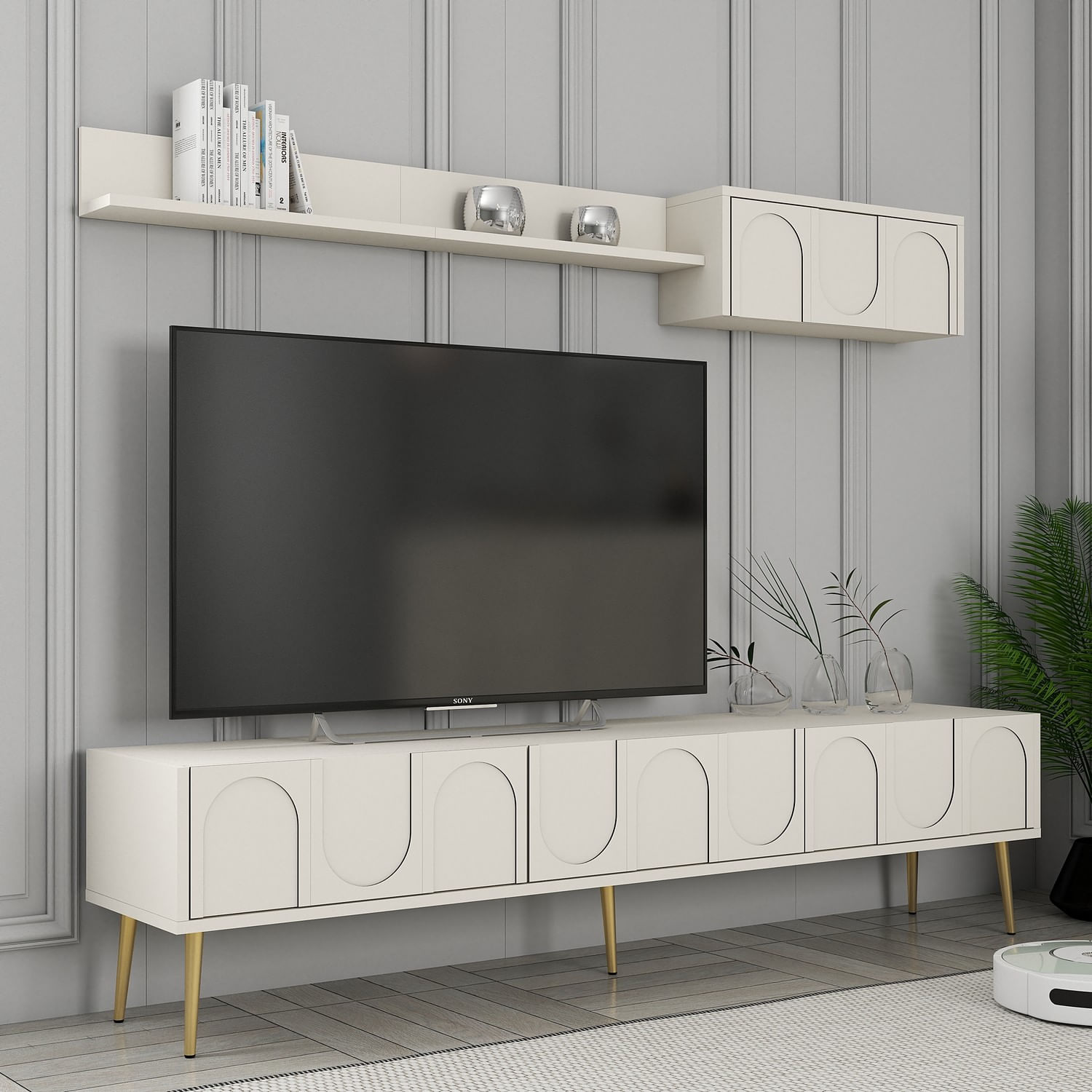 Comoda tv, Hanah Home, pal melaminat, crem auriu, 180x43x35 cm — imaginea 6