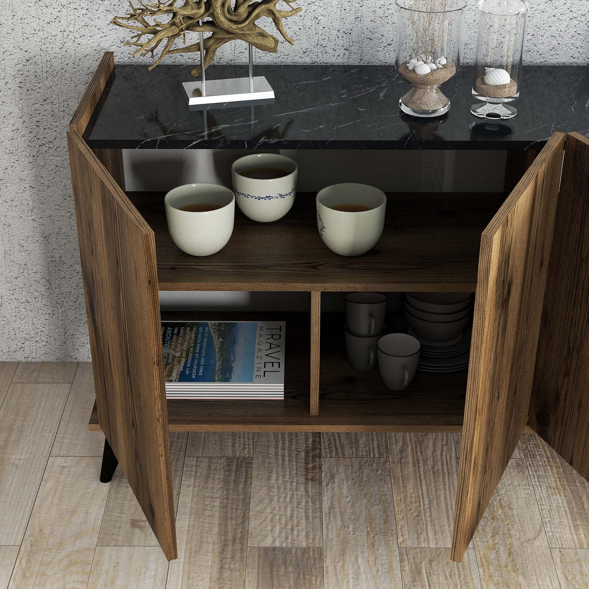 Consola, Hanah Home, panou de particule cu melamina, nuc si marmura neagra, 180x45x80.8 cm — imaginea 5