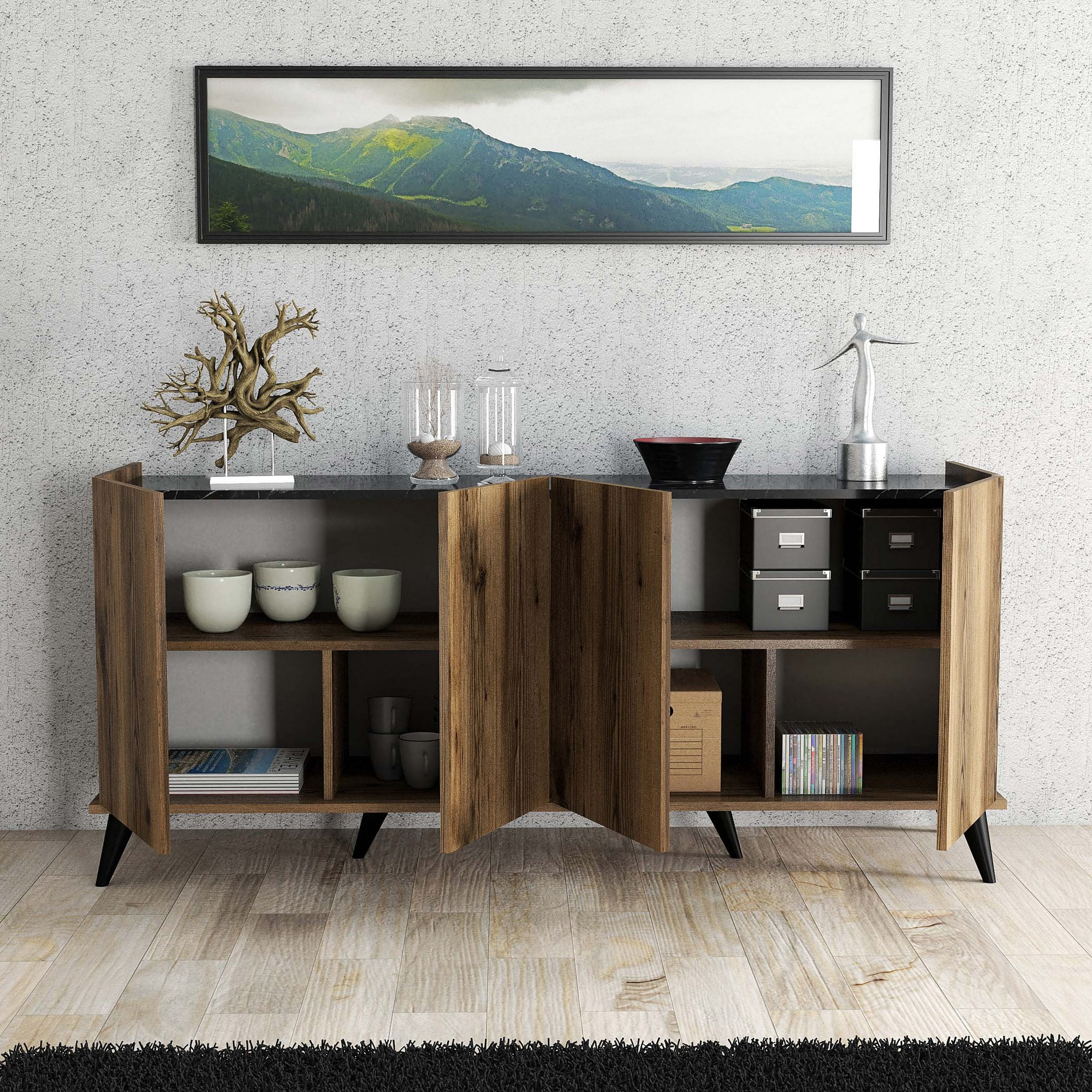Consola, Hanah Home, panou de particule cu melamina, nuc si marmura neagra, 180x45x80.8 cm — imaginea 6