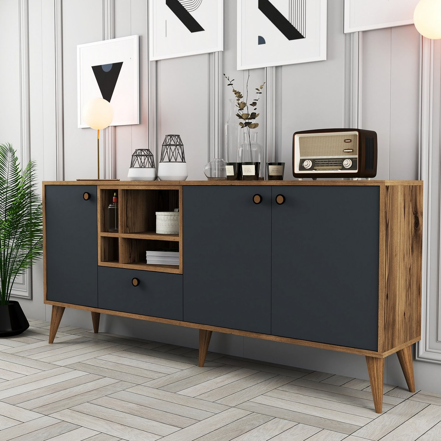 Consola, Hanah Home, pal melaminat, antracit si nuc, 180x35x81 cm