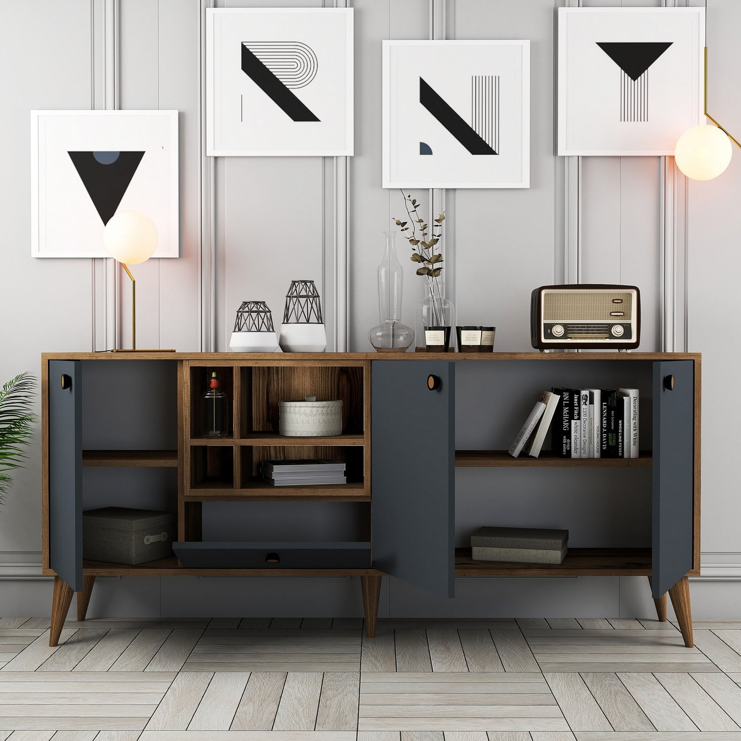Consola, Hanah Home, pal melaminat, antracit si nuc, 180x35x81 cm — imaginea 2
