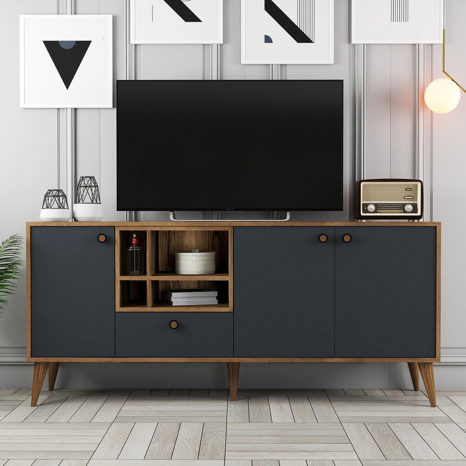 Consola, Hanah Home, pal melaminat, antracit si nuc, 180x35x81 cm — imaginea 3