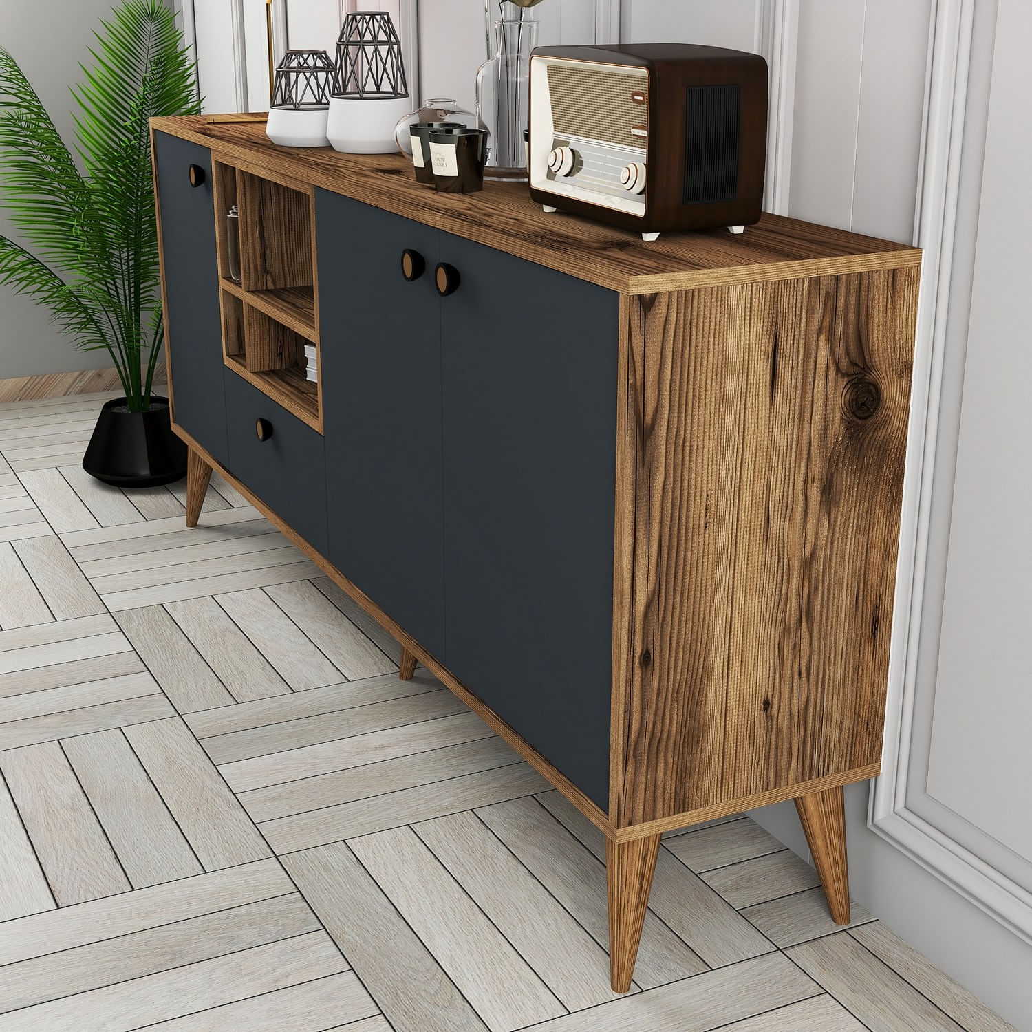 Consola, Hanah Home, pal melaminat, antracit si nuc, 180x35x81 cm — imaginea 4