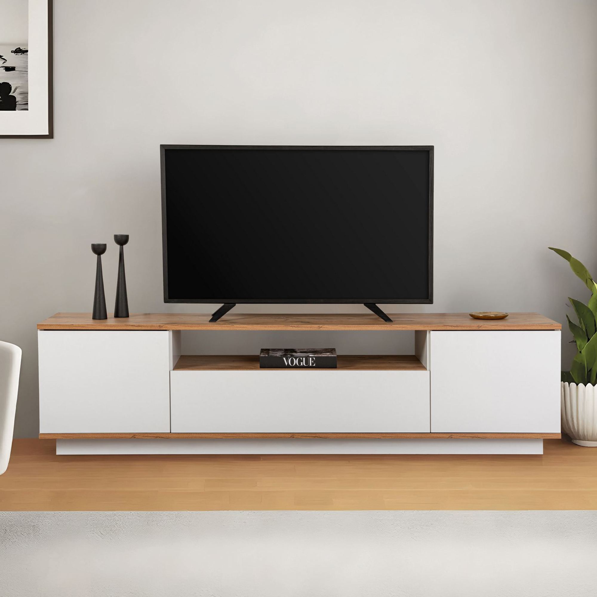 Comoda tv, Hanah Home, pal melaminat, alb si pin atlantic, 180x44.5x44.6 cm — imaginea 4