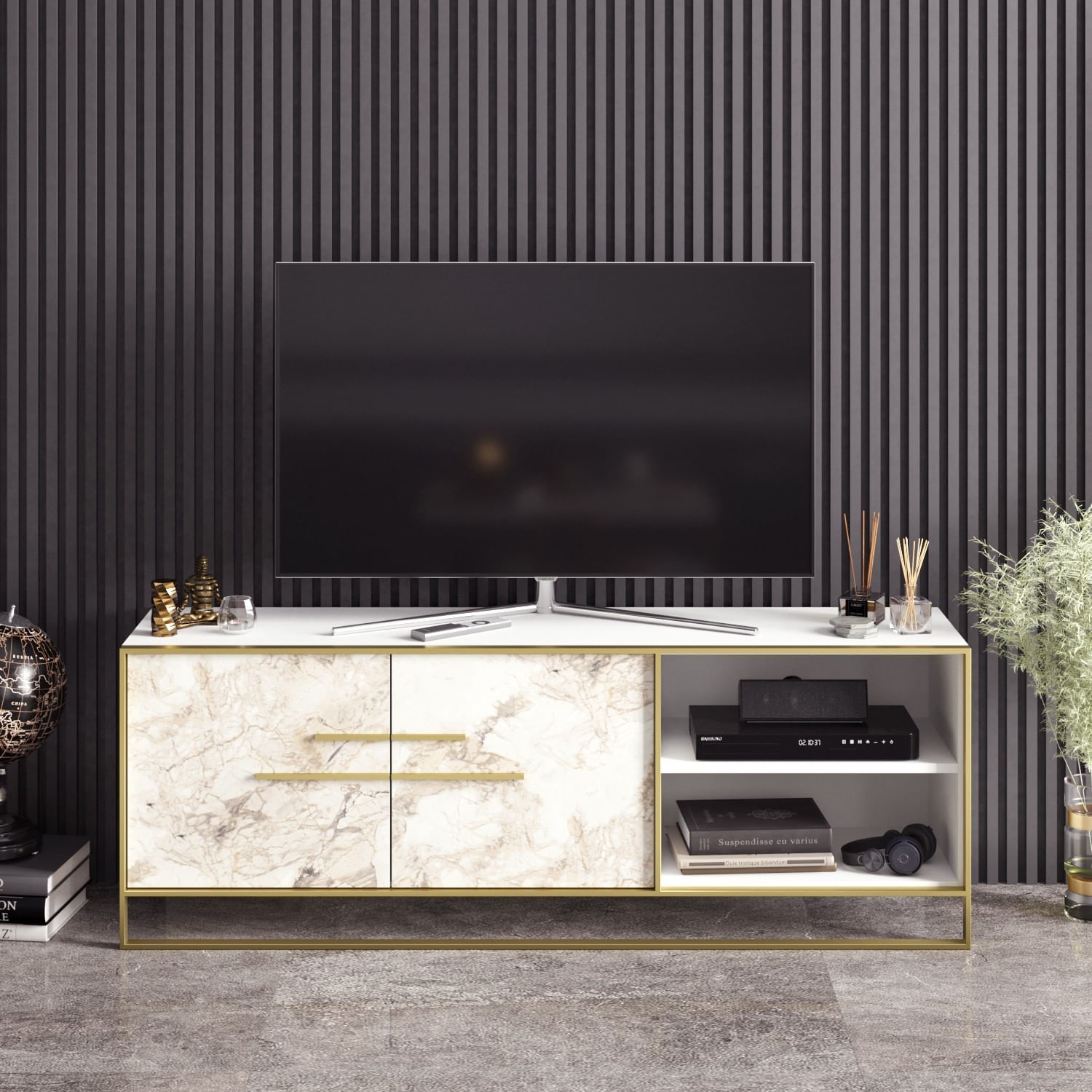 Comoda tv, Hanah Home, pal melaminat, auriu alb, 160x38.5x56.6 cm — imaginea 2