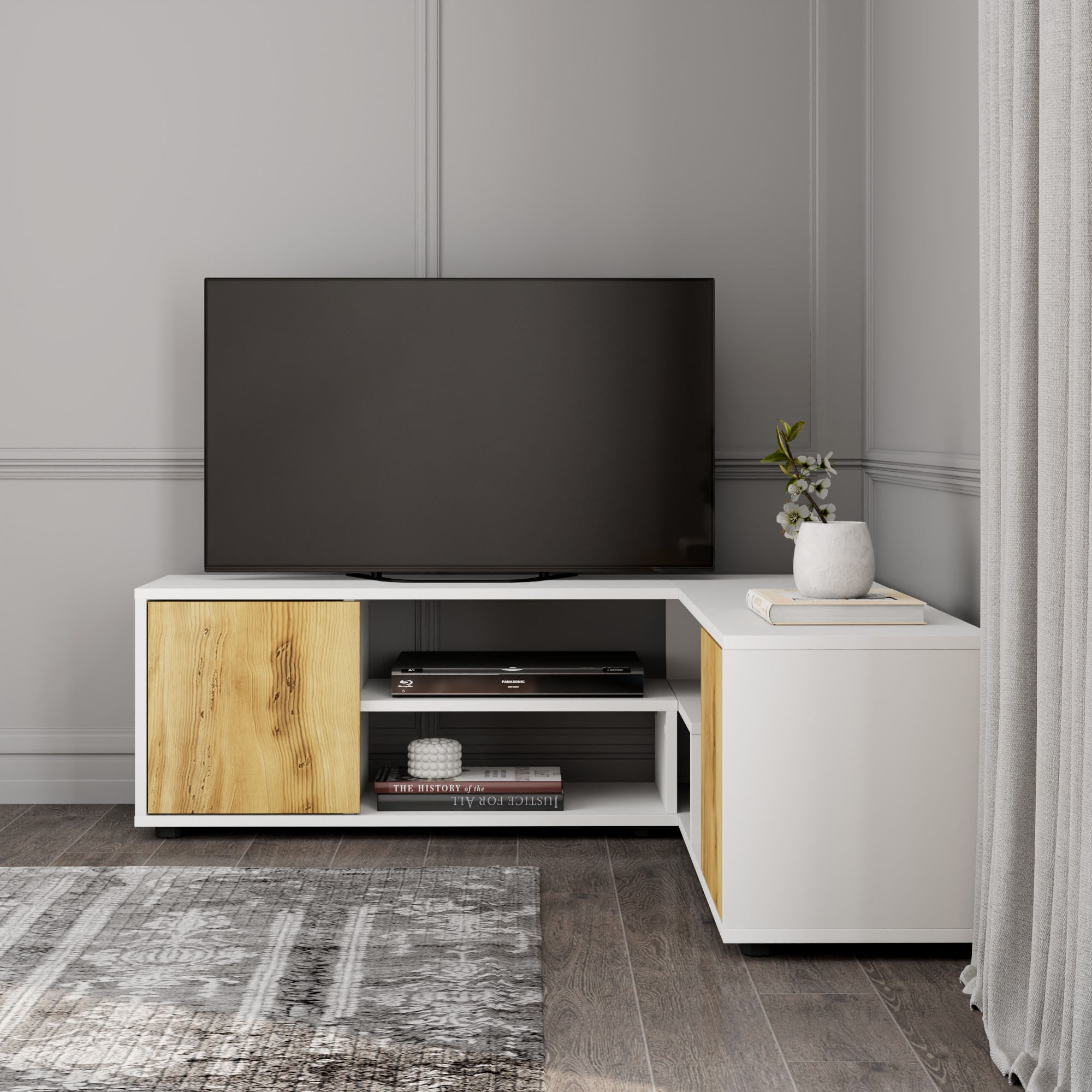 Comoda tv, Hanah Home, pal melaminat, alb si stejar, 125x40x35 cm — imaginea 2