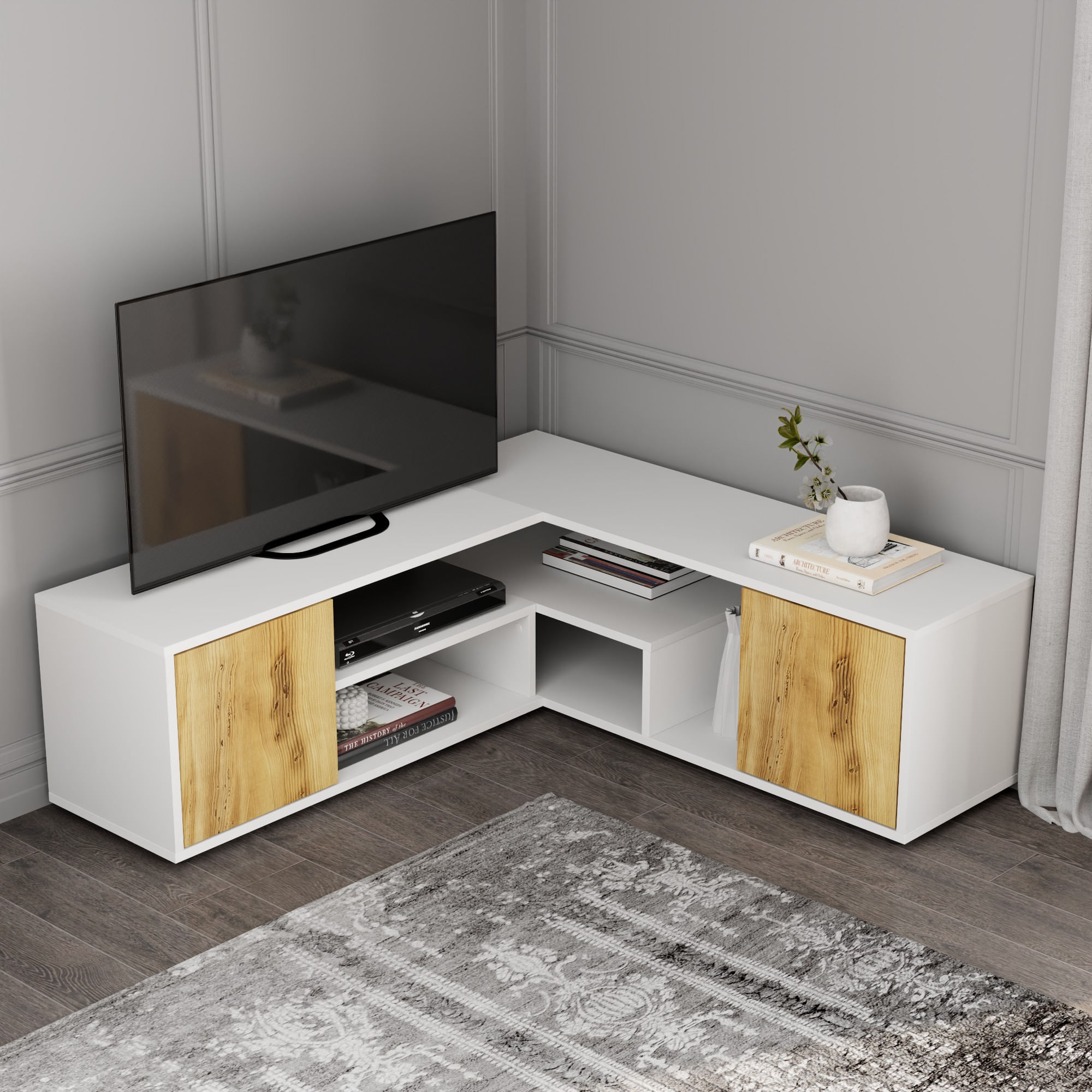 Comoda tv, Hanah Home, pal melaminat, alb si stejar, 125x40x35 cm — imaginea 5
