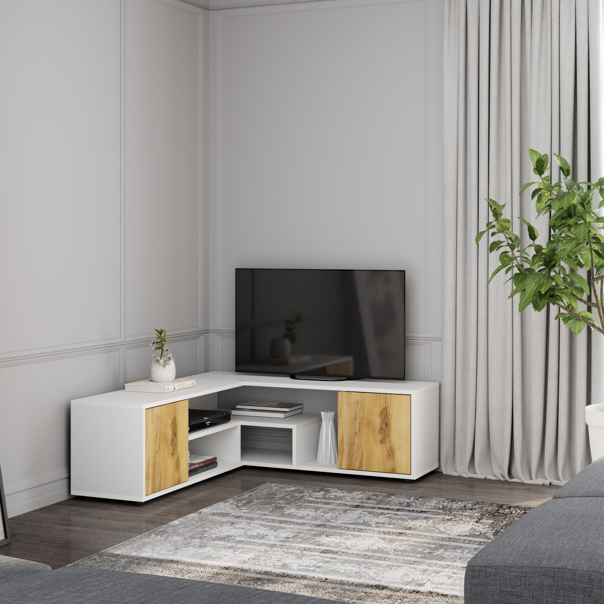 Comoda tv, Hanah Home, pal melaminat, alb si stejar, 125x40x35 cm — imaginea 8