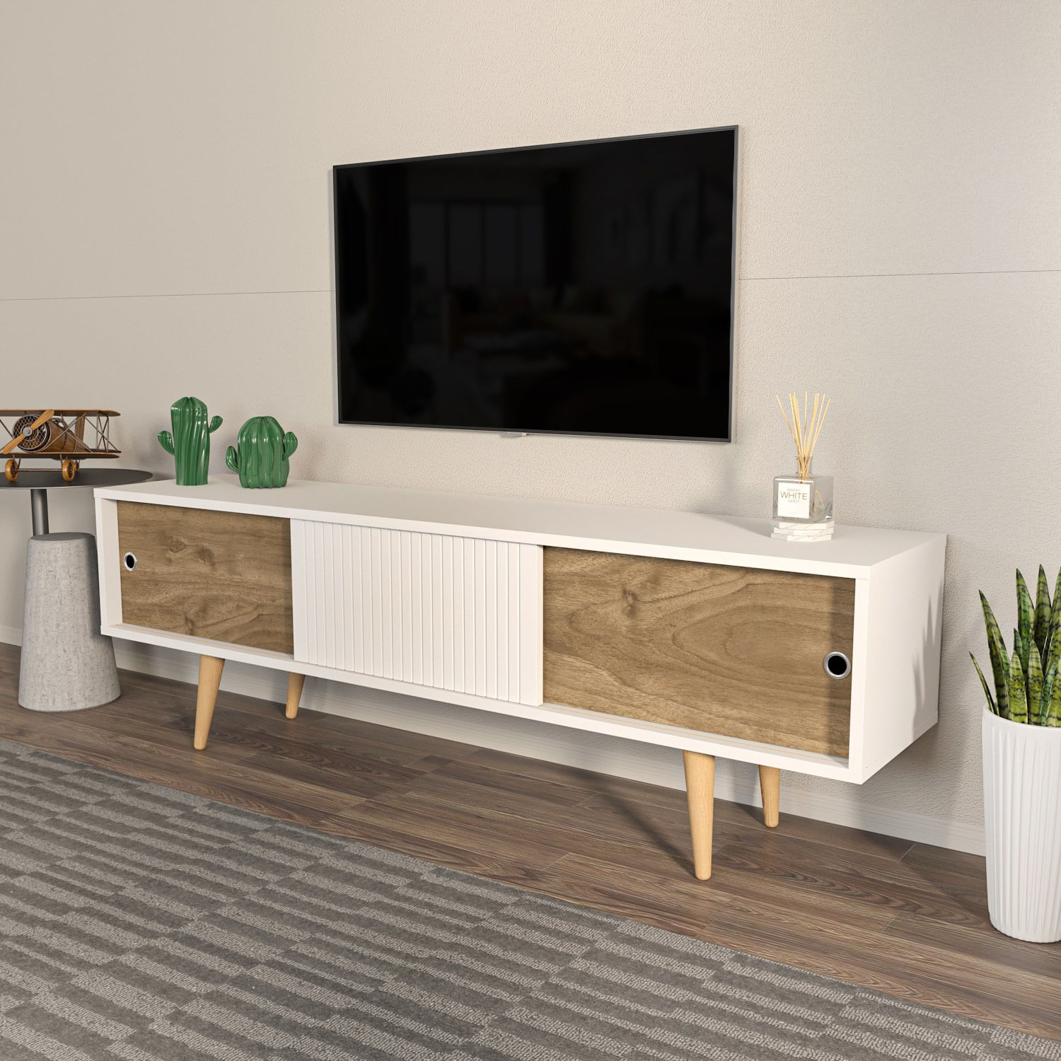 Comoda tv, Hanah Home, pal melaminat, alb si nuc, 160x45x34.5 cm — imaginea 3