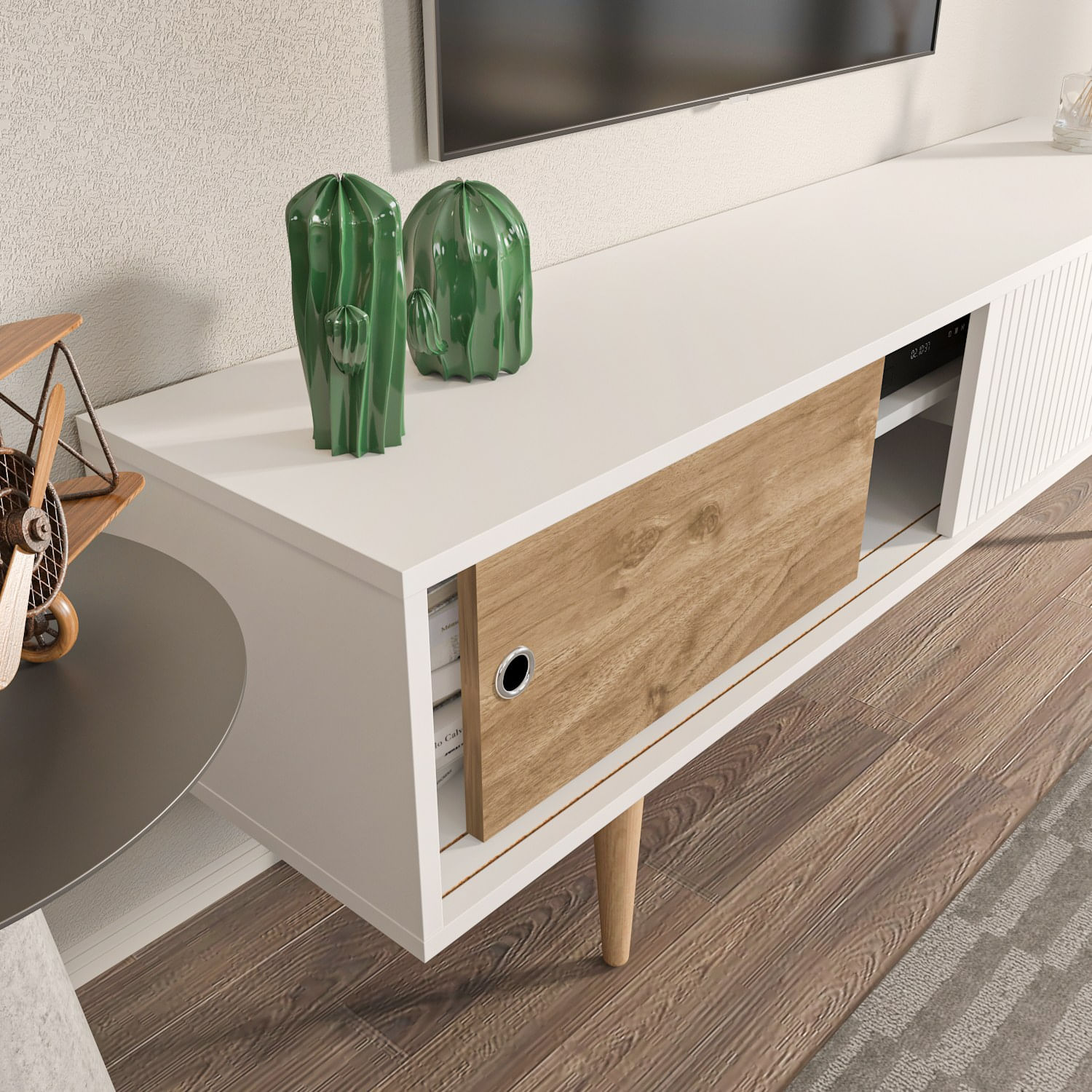 Comoda tv, Hanah Home, pal melaminat, alb si nuc, 160x45x34.5 cm — imaginea 4