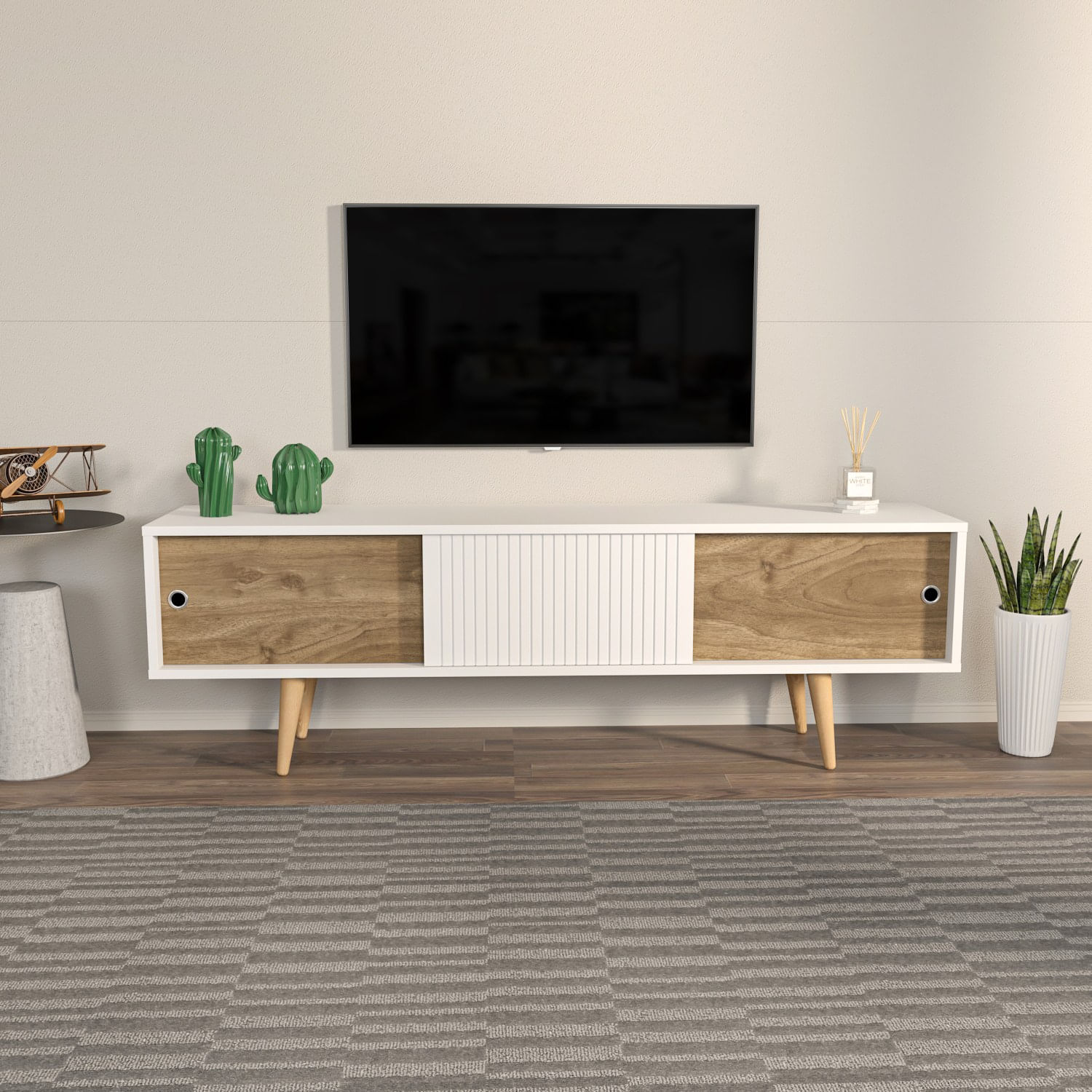 Comoda tv, Hanah Home, pal melaminat, alb si nuc, 160x45x34.5 cm — imaginea 5