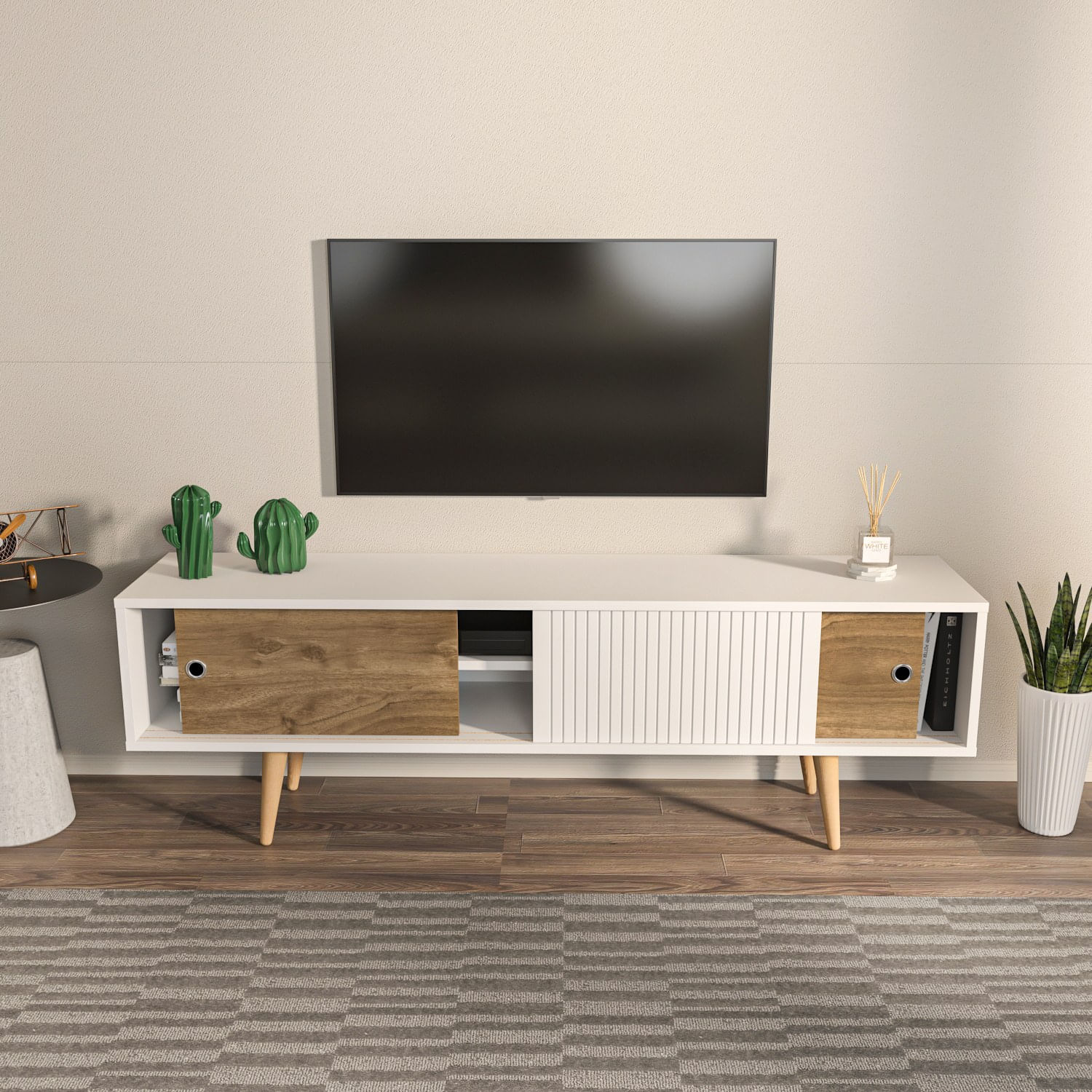 Comoda tv, Hanah Home, pal melaminat, alb si nuc, 160x45x34.5 cm — imaginea 6
