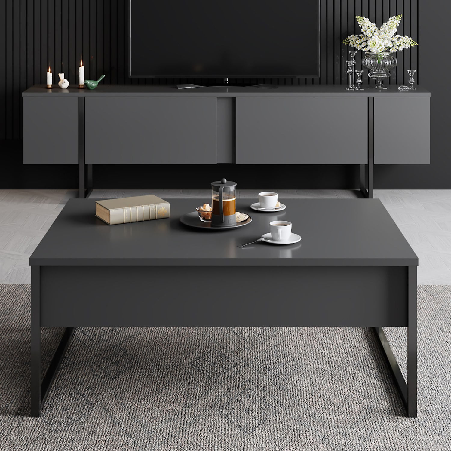 Comoda tv, Hanah Home, pal melaminat, antracit si negru, 180x30x50 cm - 4 | YEO