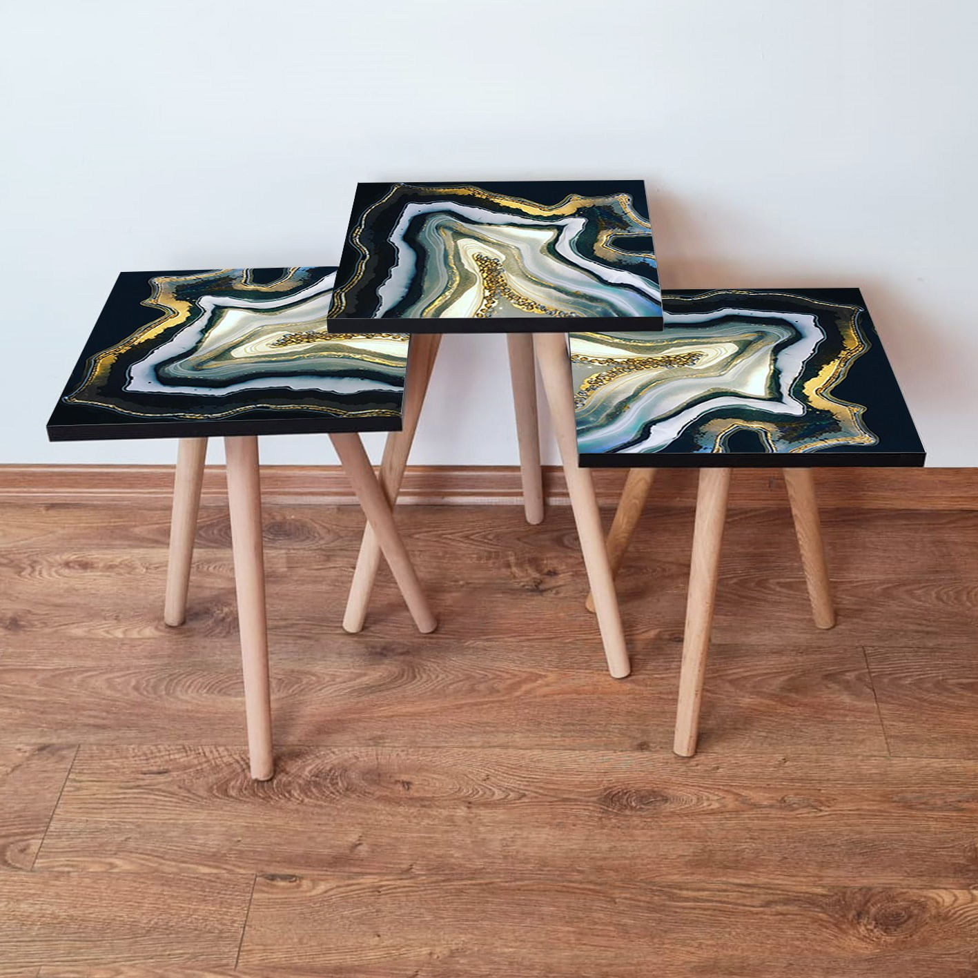 Set masute de cafea, Hanah Home, mdf, multicolor, picioare lemn fag, 3 piese, 481LNA2908