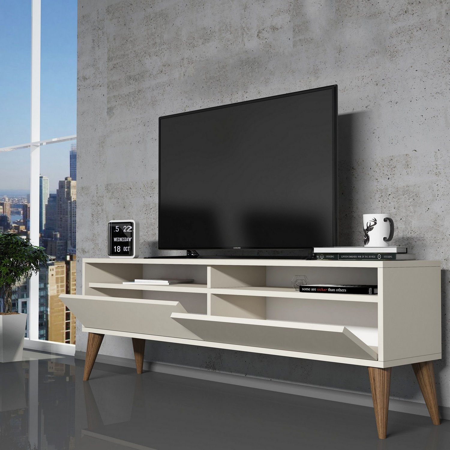 Comoda tv, Hanah Home, pal melaminat, crem, 150x50x30 cm, 845HCT5509 — imaginea 4