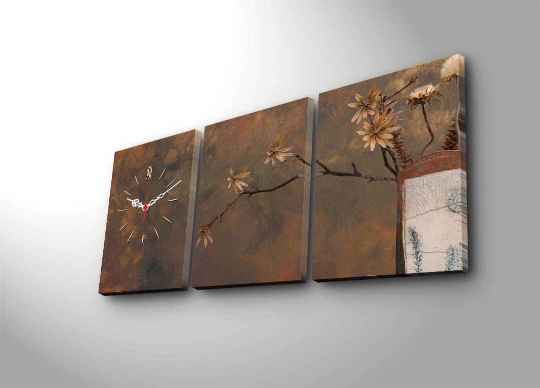 Ceas de perete decorativ, Wallxpert, panza piele de caprioara, multicolor, 96x40 cm, set 3 piese