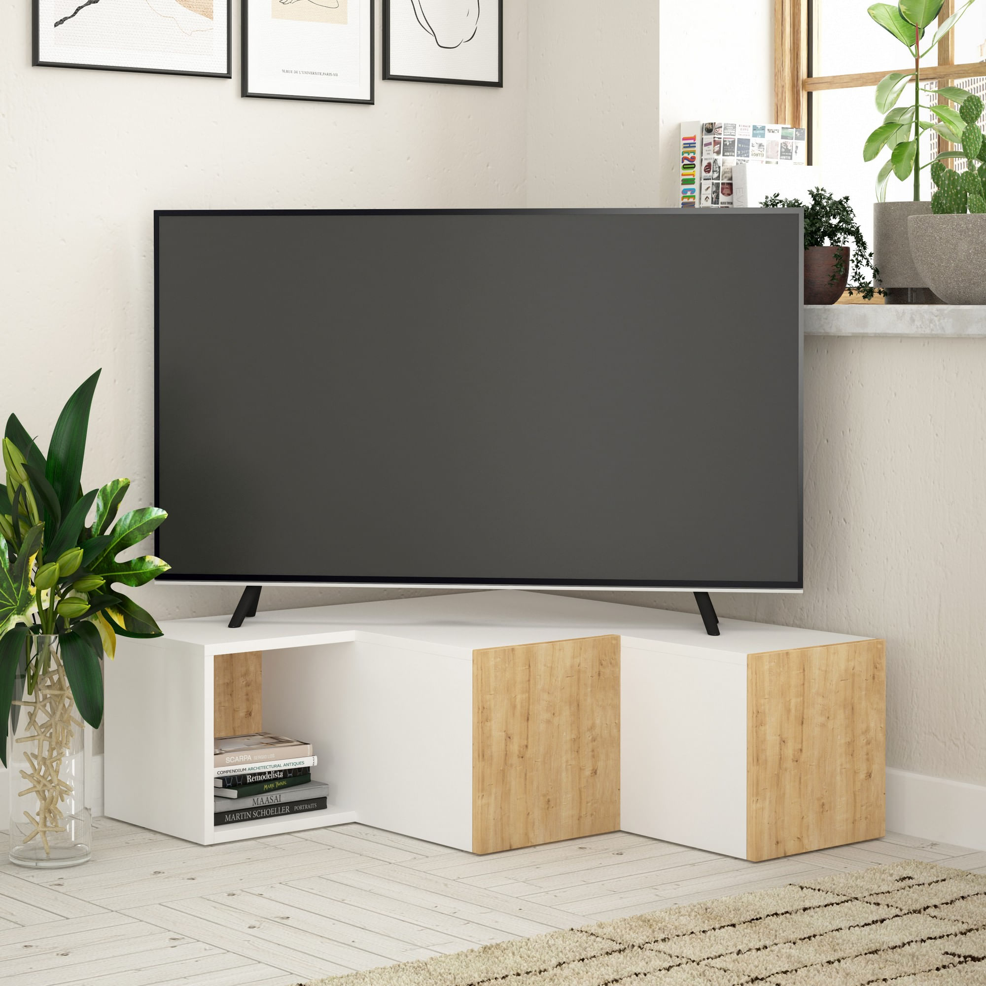 Comoda tv, Hanah Home, pal melaminat, alb si stejar, 90x32x92 cm — imaginea 3