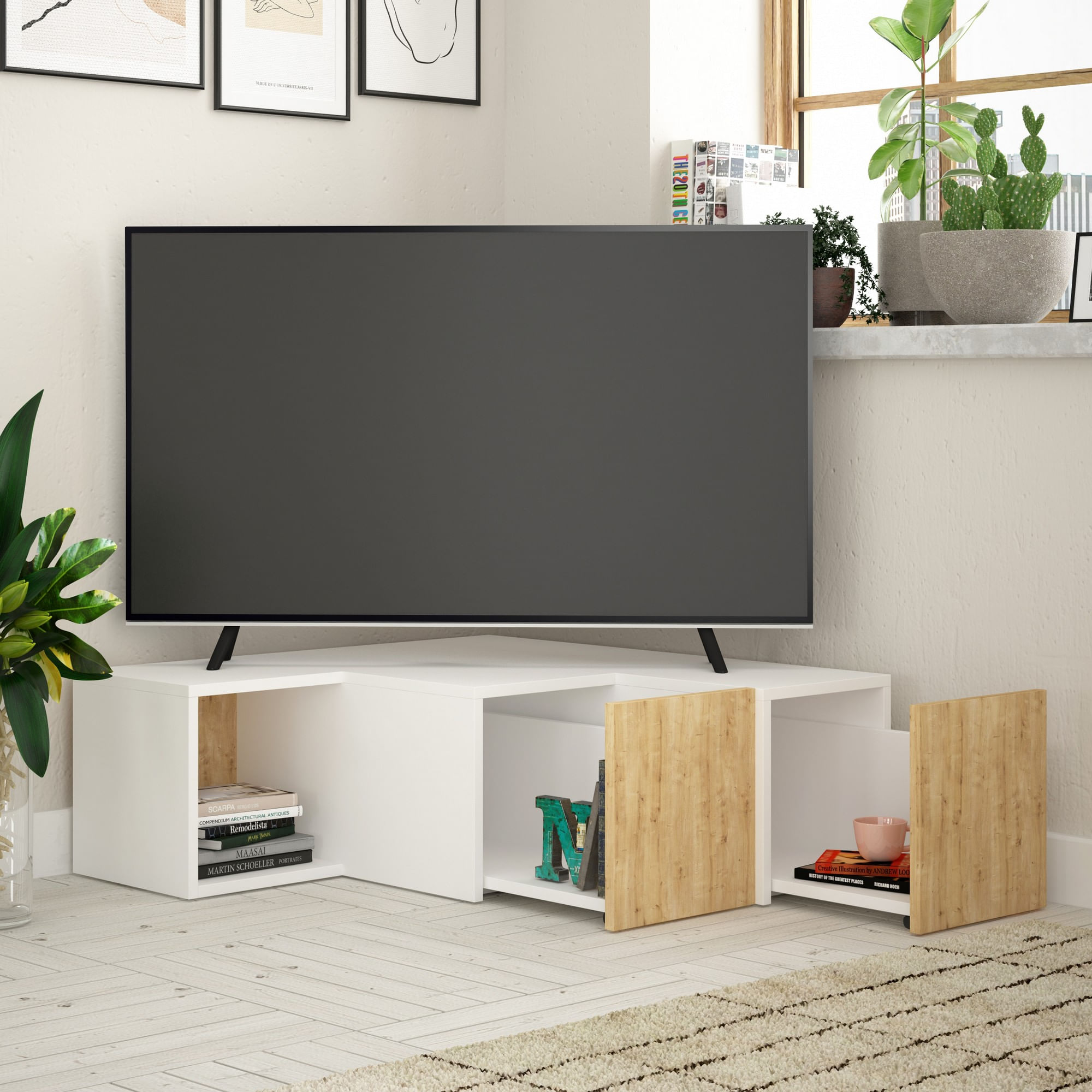 Comoda tv, Hanah Home, pal melaminat, alb si stejar, 90x32x92 cm — imaginea 4